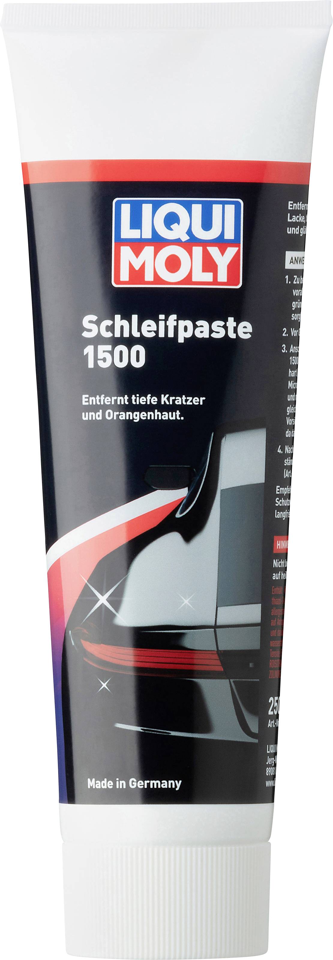 Tube 'Liqui Moly Schleifpaste 1500', entfernt Kratzer und Orangenhaut, Abbildung eines Autos auf der Verpackung, 250 ml.