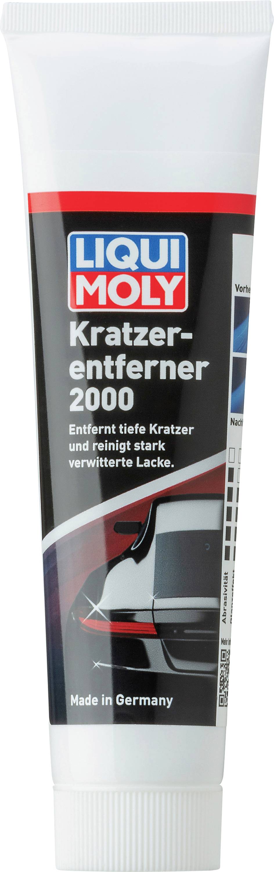 Eine weiße Tube mit dem Logo 'Liqui Moly' und der Aufschrift 'Kratzerentferner 2000', verwendet zur Entfernung von Kratzern auf Autolack.