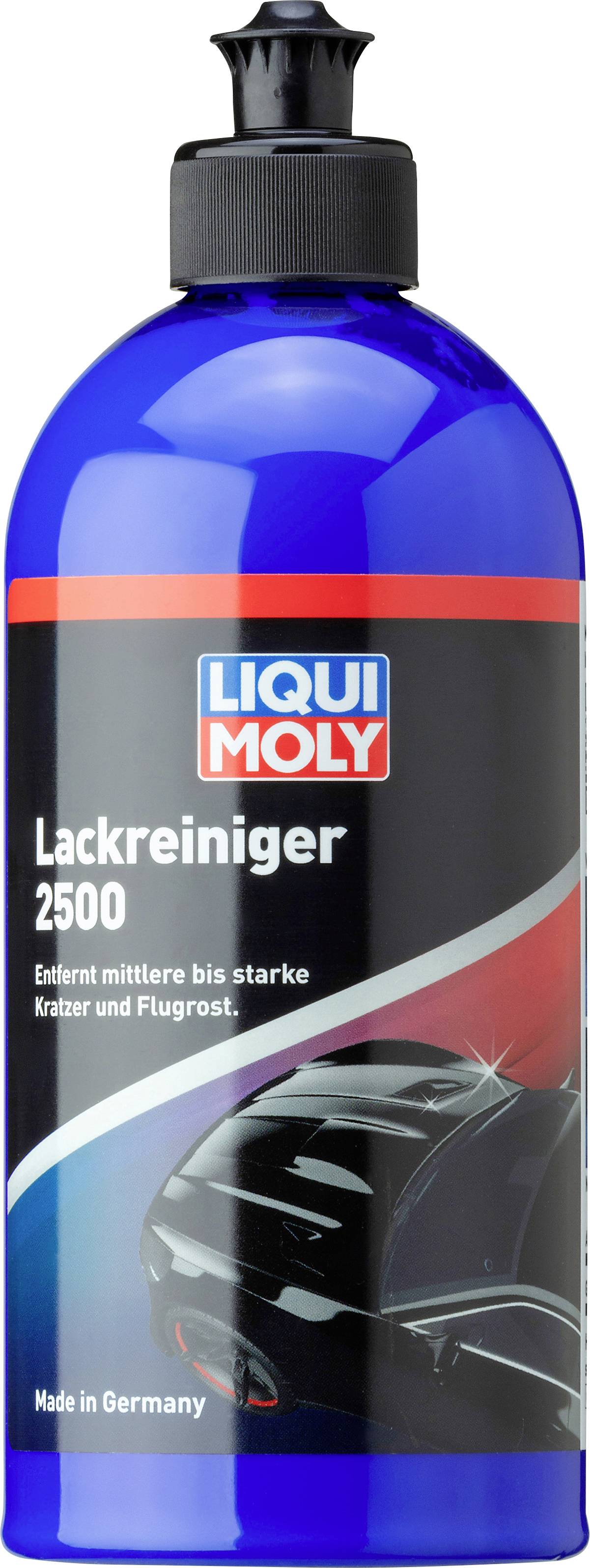 Eine blaue Flasche Liqui Moly Lackreiniger 2500, entfernt Kratzer und Flugrost, 'Made in Germany'.