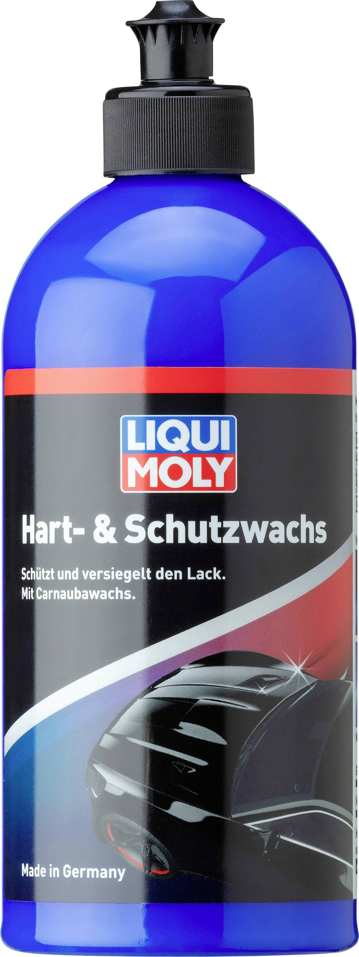 Blau-schwarze Flasche mit der Aufschrift 'Liqui Moly Hart- & Schutzwachs'. Enthält Carnaubawachs. Made in Germany. Schützt und versiegelt Lack.