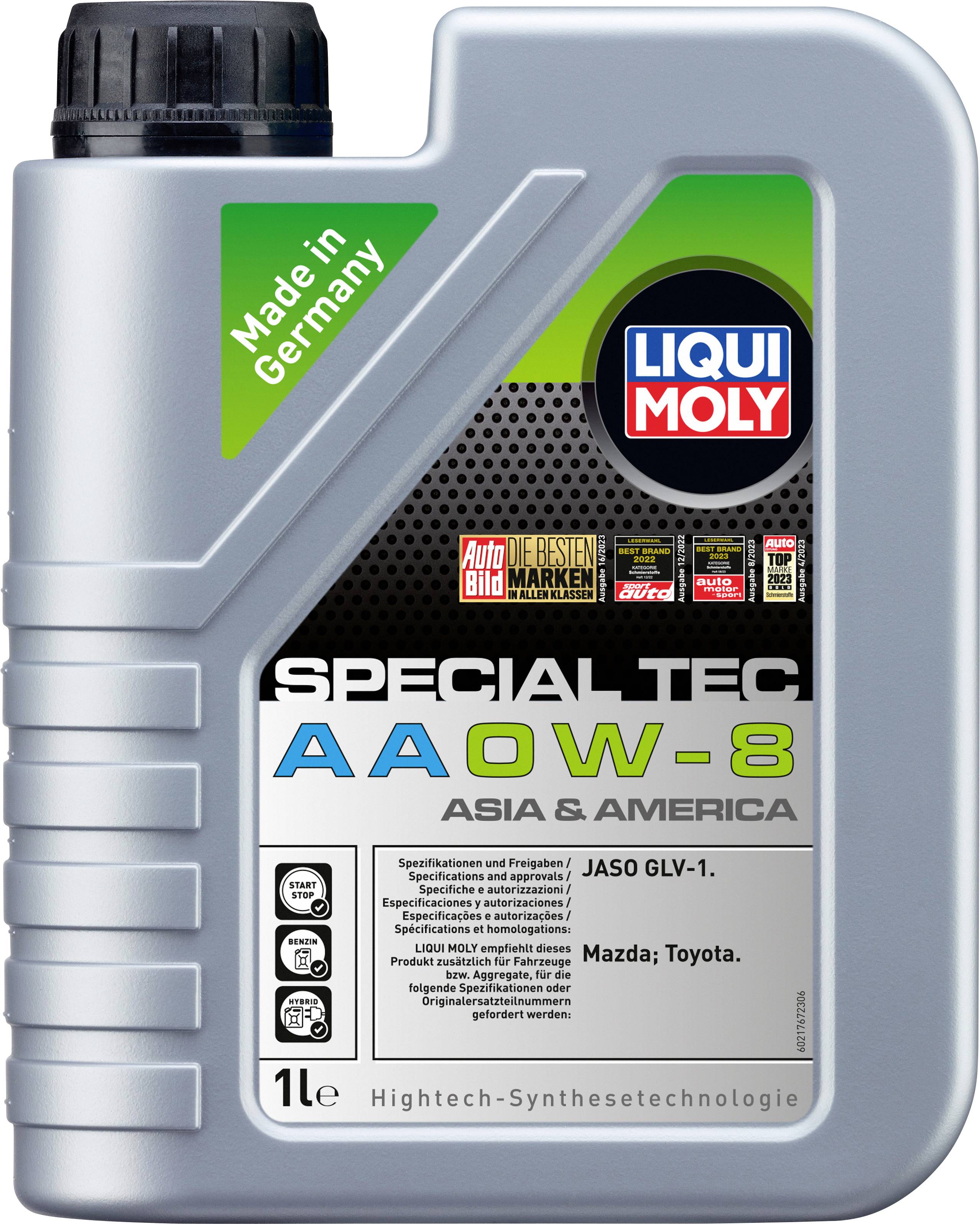 Ölkanister mit der Aufschrift 'Liqui Moly Special Tec AA 0W-8', geeignet für Mazda und Toyota. Enthält Hinweise zu Spezifikationen und Herkunft.