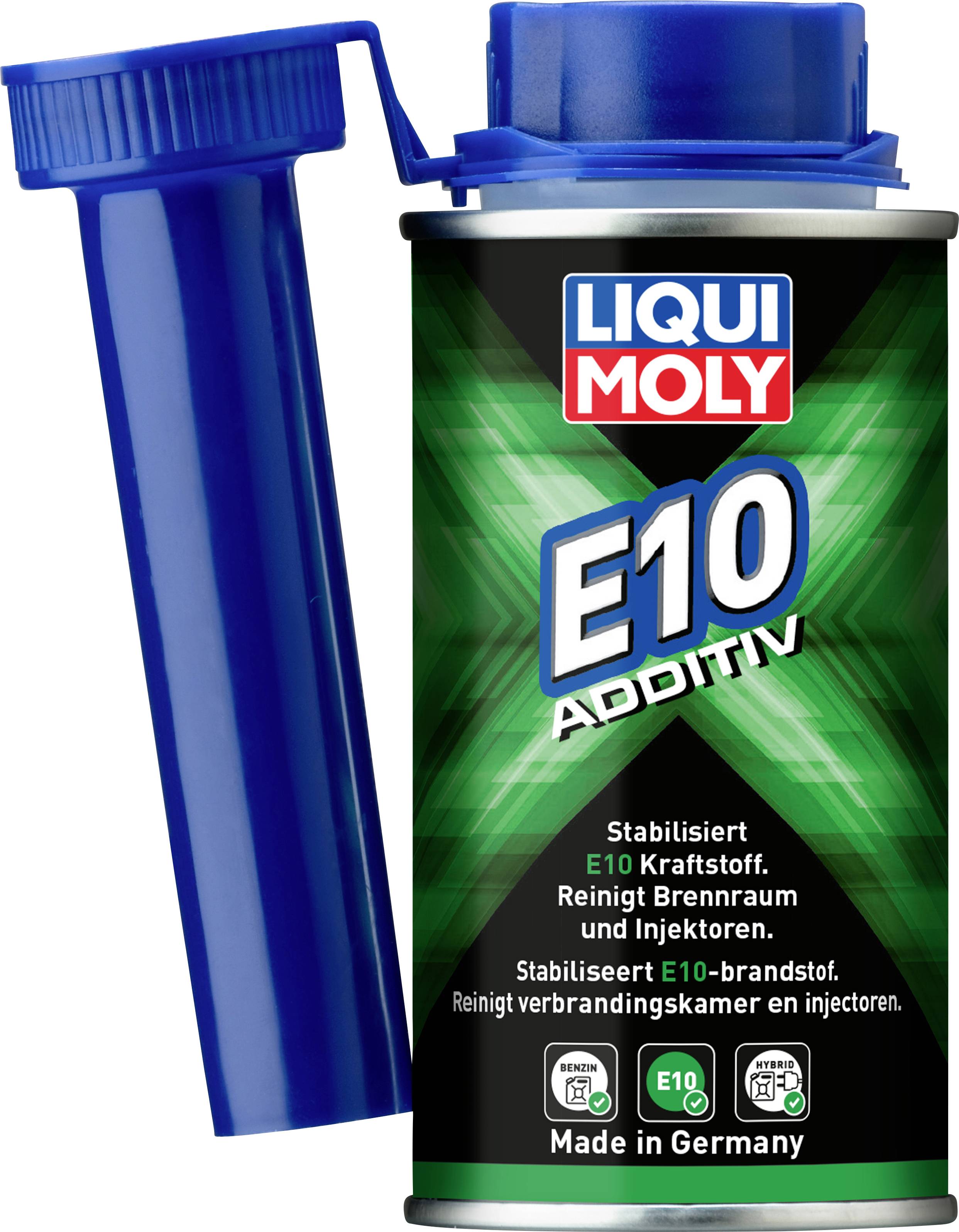 Eine Flasche 'Liqui Moly E10 Additiv' mit blauem Deckel. Aufschrift: 'Stabilisiert E10 Kraftstoff. Made in Germany.'