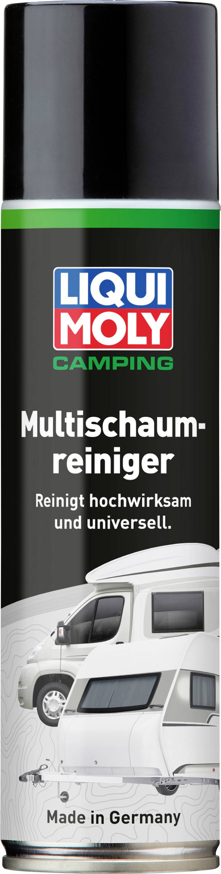 Eine Spraydose von Liqui Moly Multischaumreiniger, geeignet für Camper und Wohnmobile. Beschriftet mit 'Made in Germany'.