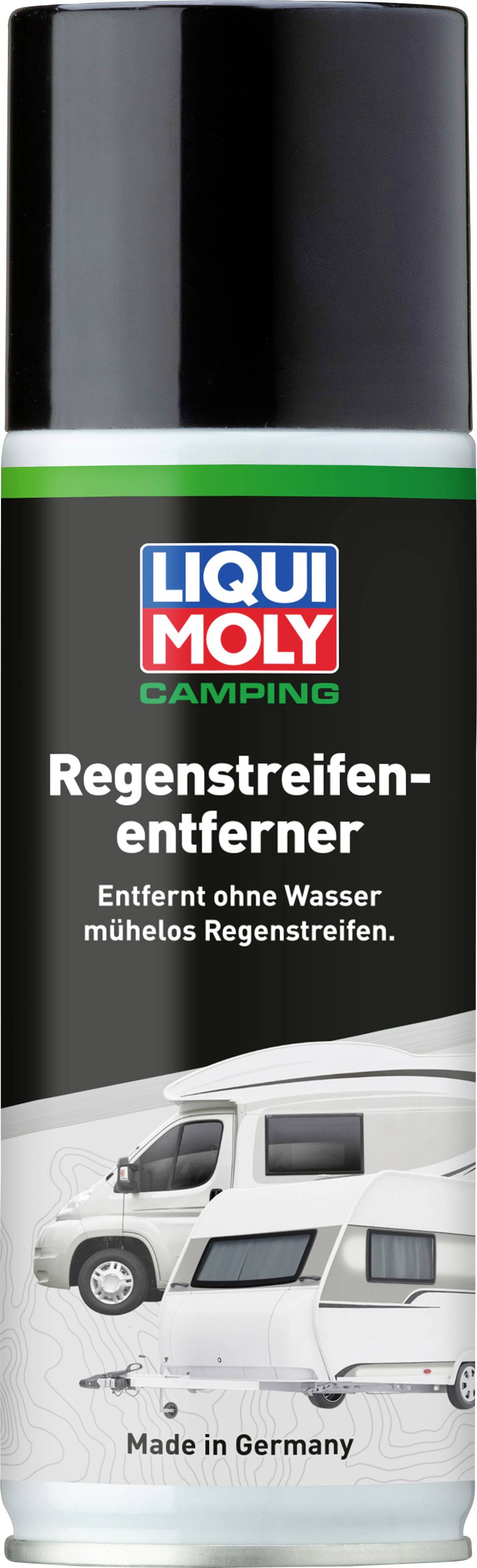 Sprühdose mit der Aufschrift 'LIQUI MOLY Camping Regenstreifenentferner' und Abbildung eines Wohnmobils und Wohnwagens.