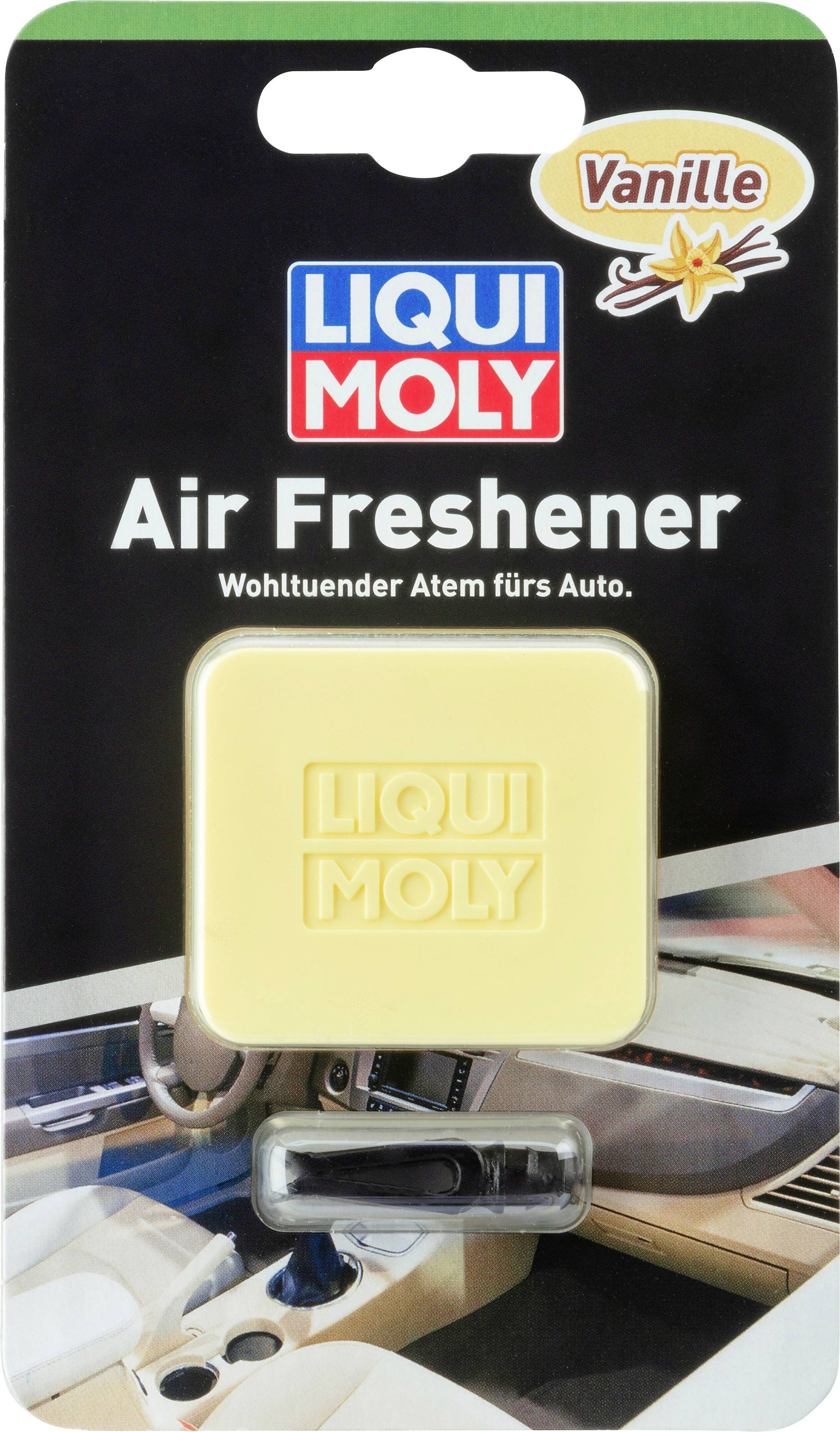 'Lufterfrischer Liqui Moly Vanille' auf schwarzem Hintergrund. Verpackung zeigt Innenraum eines Autos.