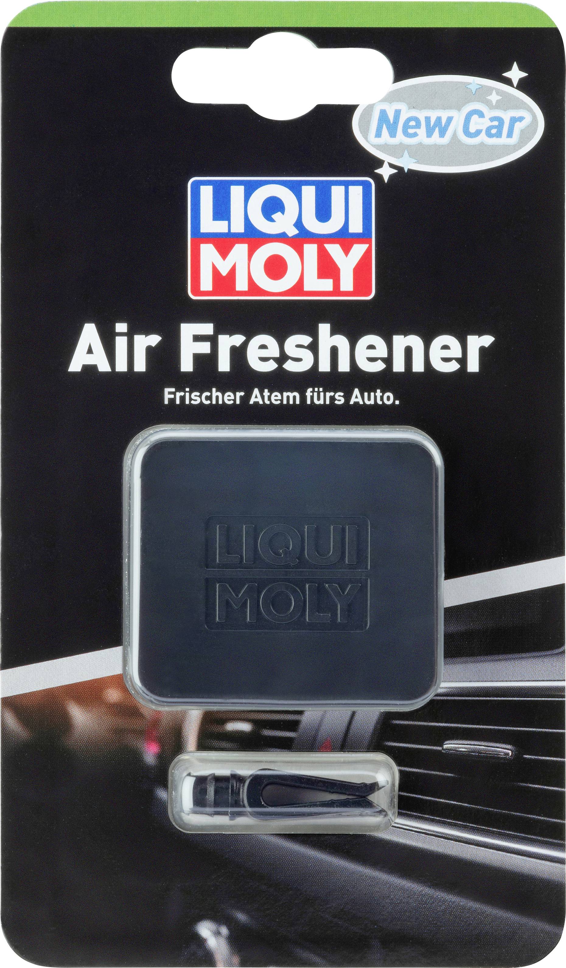 Verpackung eines Liqui Moly Autoduftes mit der Aufschrift 'Frischer Atem fürs Auto' und 'New Car'. Enthält Produkt und Clip zur Befestigung.