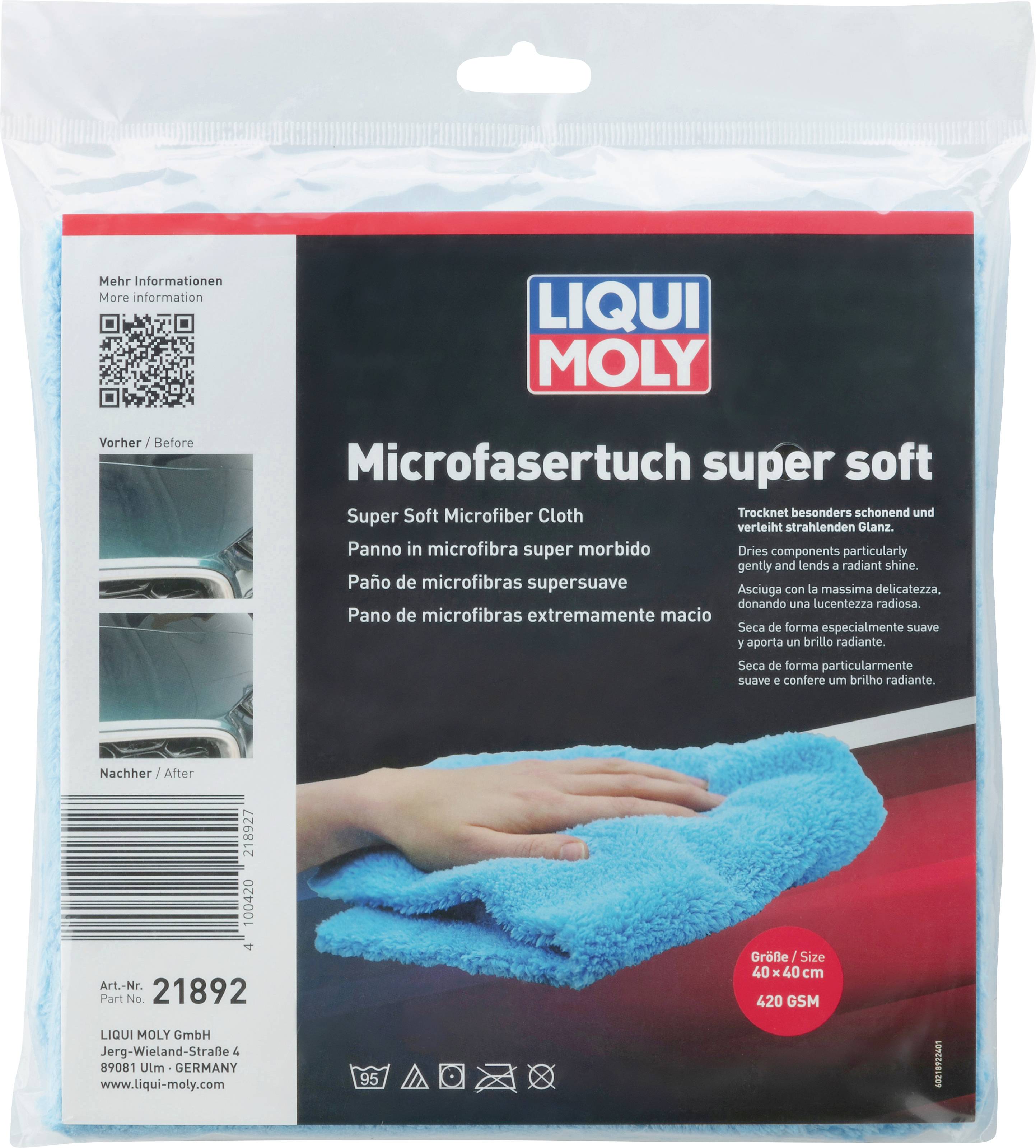 Verpackung eines Microfasertuchs von 'Liqui Moly', abgebildet mit einem blauen Tuch, geeignet für sanfte Reinigung.