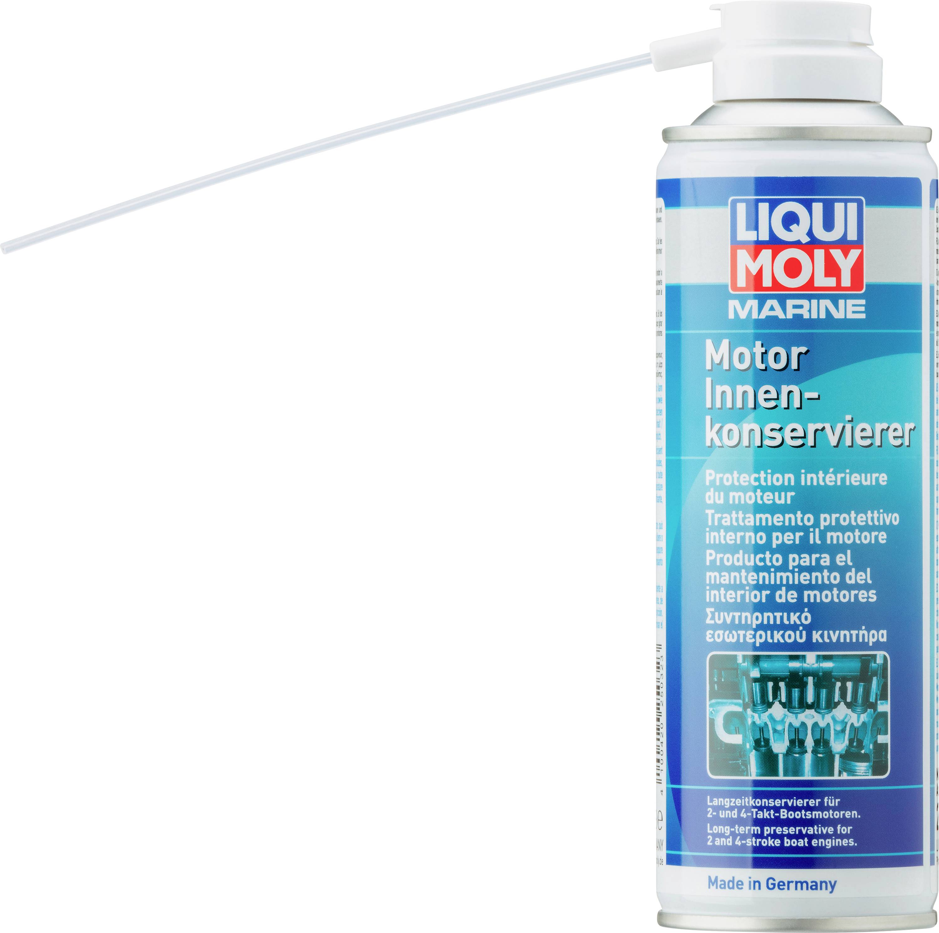 Spraydose mit der Aufschrift 'Motor Innenkonservierer' von Liqui Moly Marine zur Schutzbehandlung von Motoren.