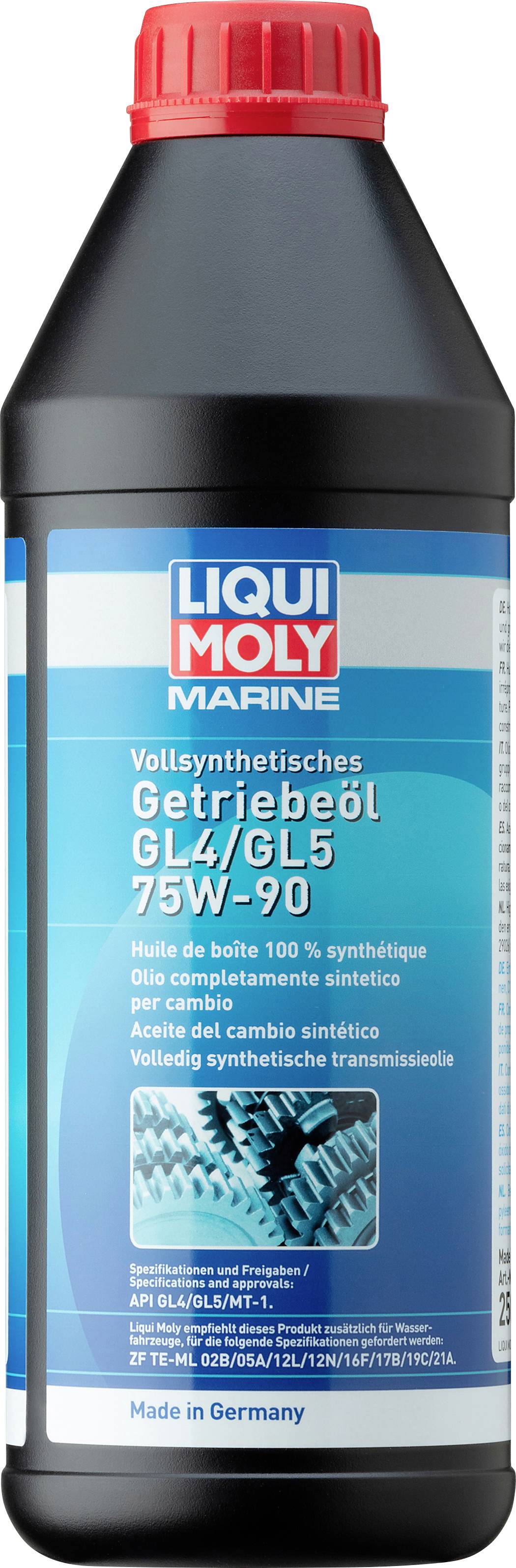 Flasche mit Liqui Moly Marine Getriebeöl GL4/GL5 75W-90. Label zeigt Produktdetails in mehreren Sprachen. Hergestellt in Deutschland.
