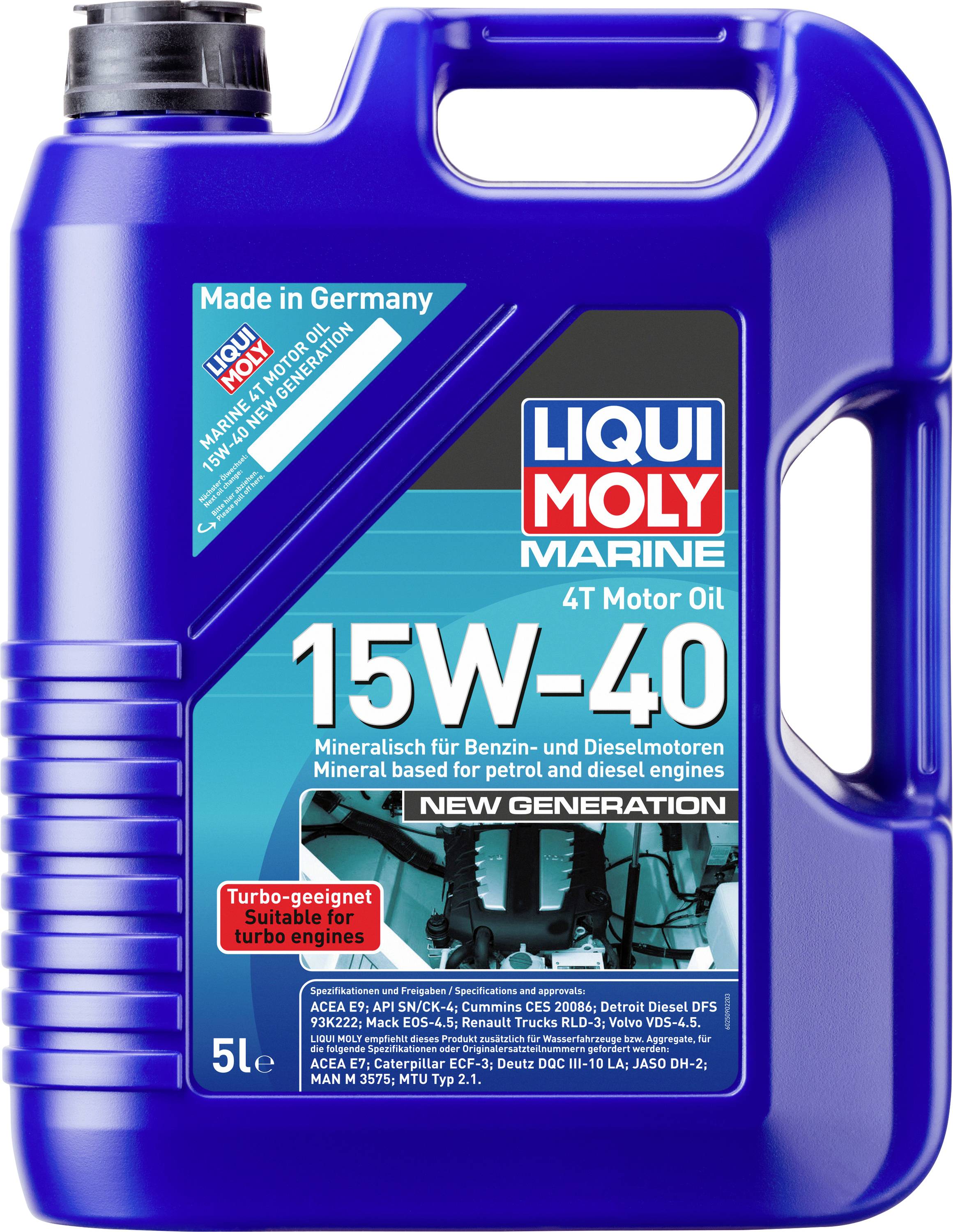 Ein blaues 5-Liter-Kanister von Liqui Moly 15W-40 Marine-Motoröl, geeignet für Benzin- und Dieselmotoren. Made in Germany.
