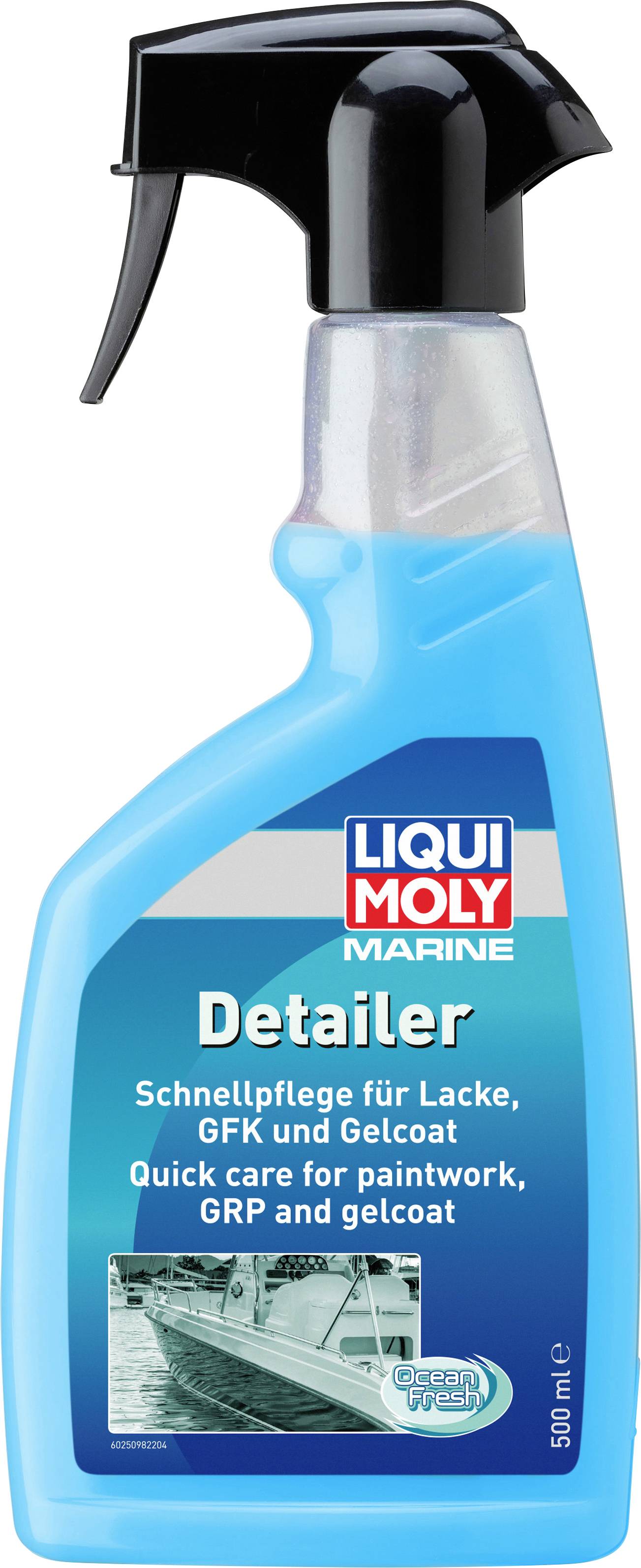 Eine blaue Flasche mit Sprühverschluss des 'Liqui Moly Marine Detailer'. Beschriftung: Schnellpflege für Lacke, GFK und Gelcoat.