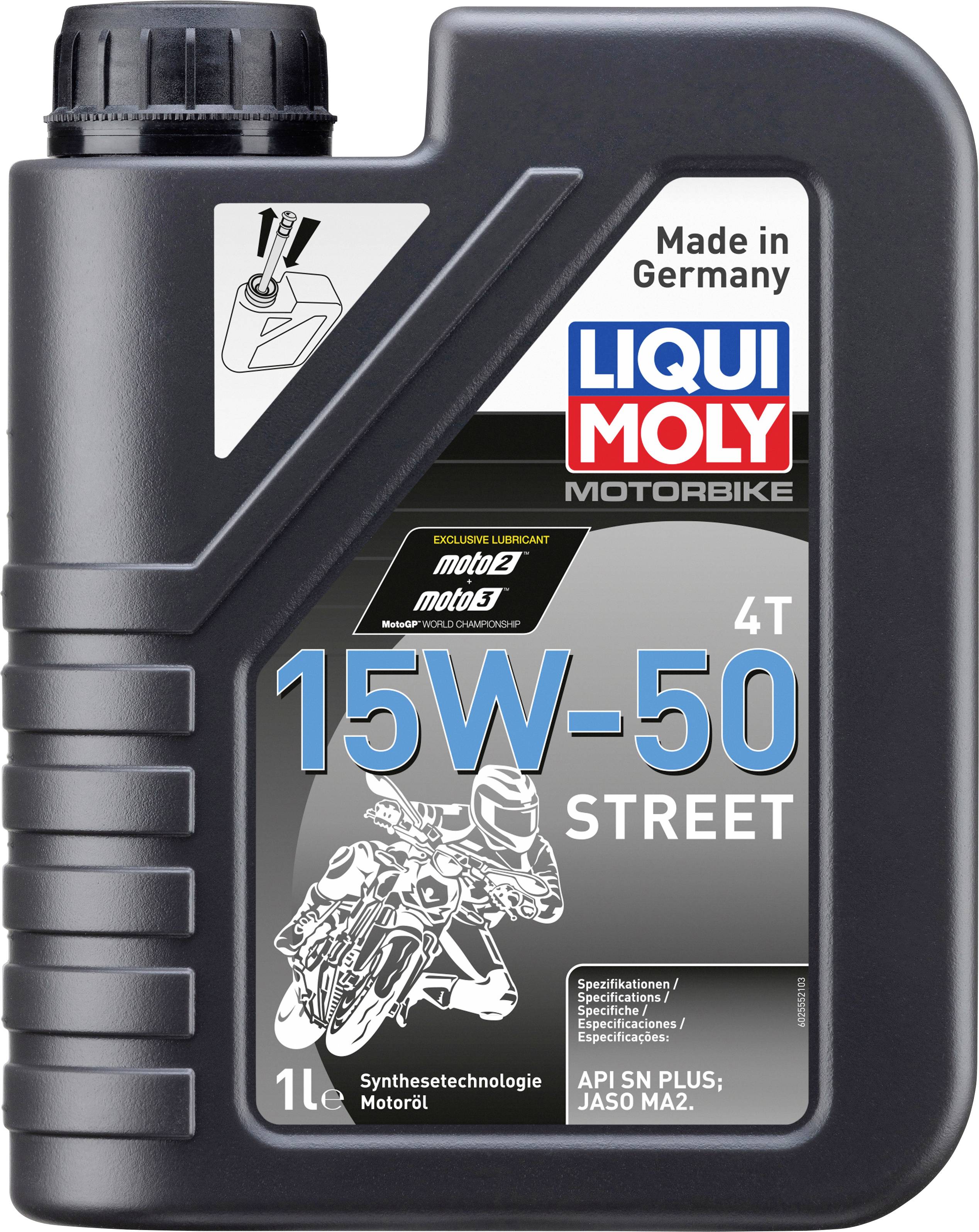 Ölkanister mit der Aufschrift '15W-50 STREET', für Motorräder von LIQUI MOLY, 1 Liter, synthetisches Motoröl, produziert in Deutschland.