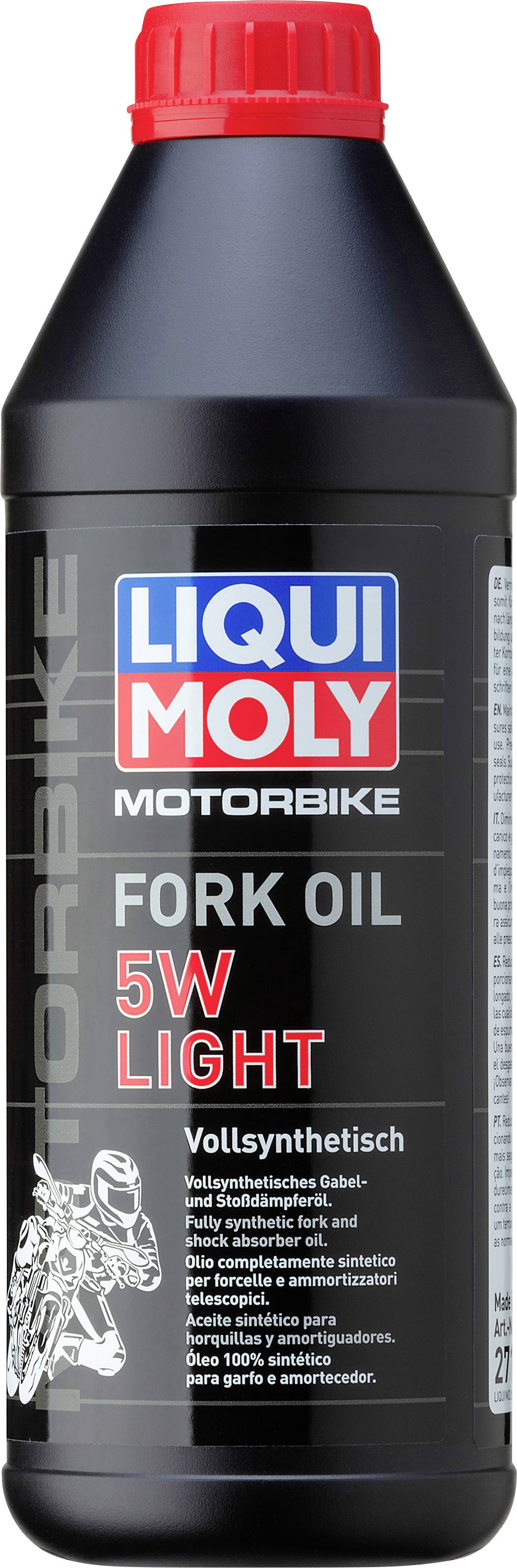 'Liqui Moly Motorbike Fork Oil 5W Light, vollsynthetisch.' Eine schwarze Flasche mit rotem Deckel und Abbildung eines Motorradfahrers.