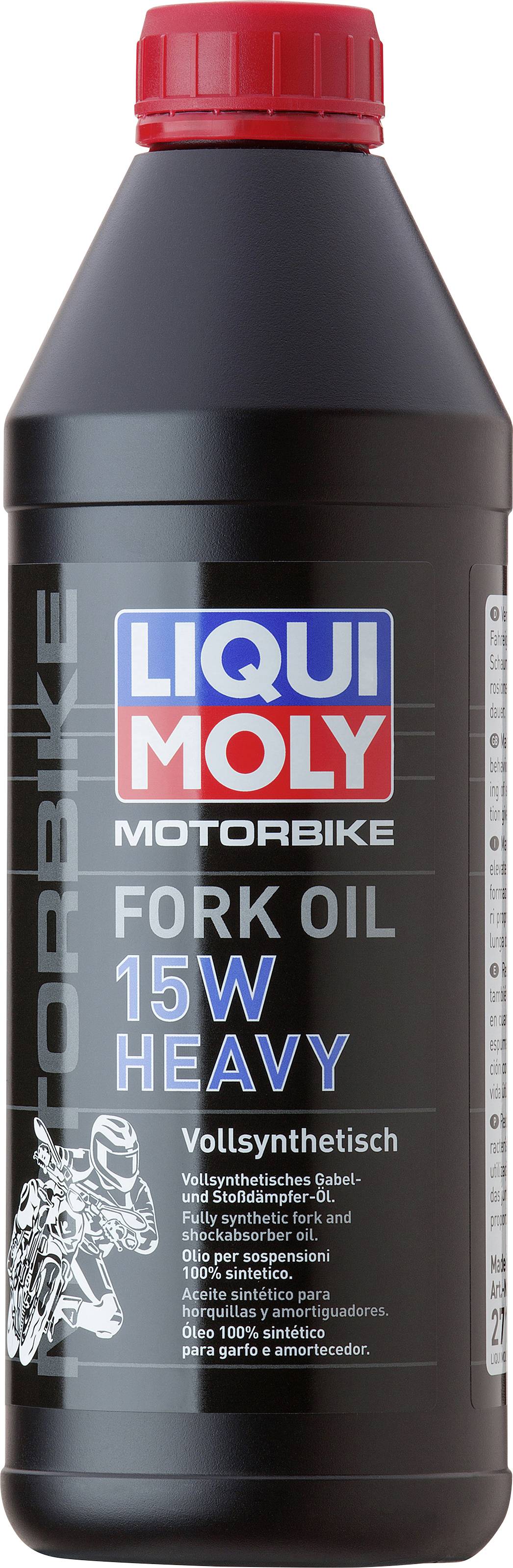 'LIQUI MOLY Motorbike Fork Oil 15W Heavy' Flasche. Vollsynthetisches Öl für Motorrad-Gabeln. Schwarze Flasche mit rotem Deckel.