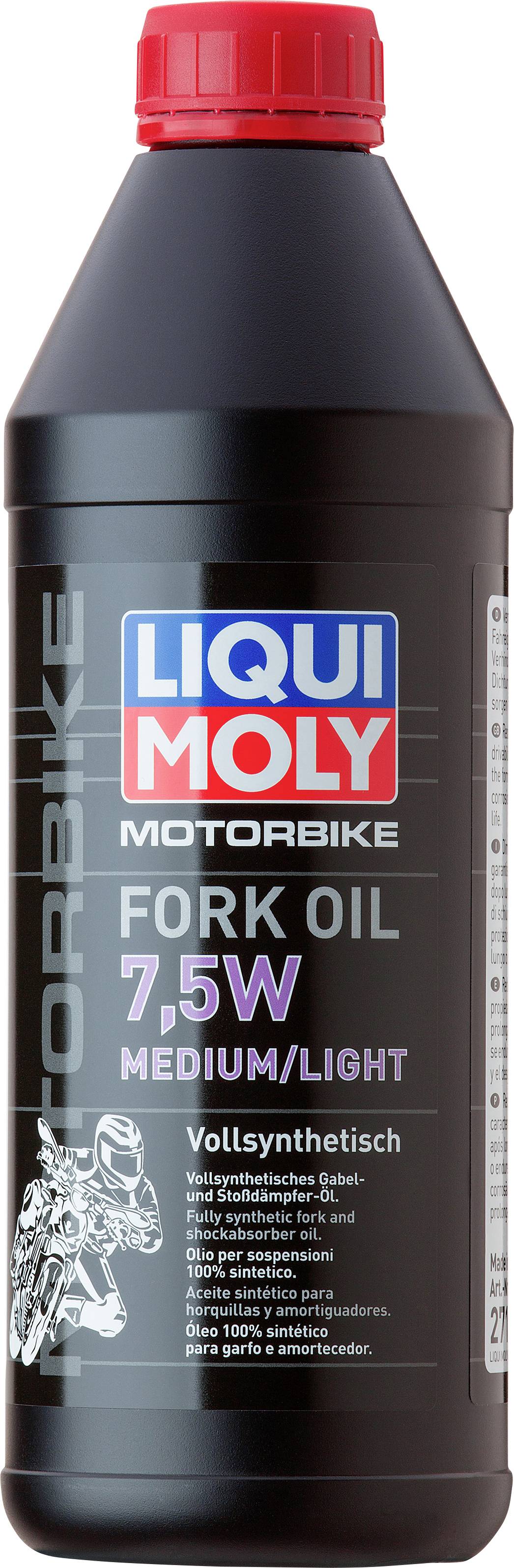 Motorrad-Gabelölflasche mit rotem Deckel. Aufschrift: 'LIQUI MOLY MOTORBIKE FORK OIL 7.5W MEDIUM/LIGHT'. Vollsynthetisches Öl.