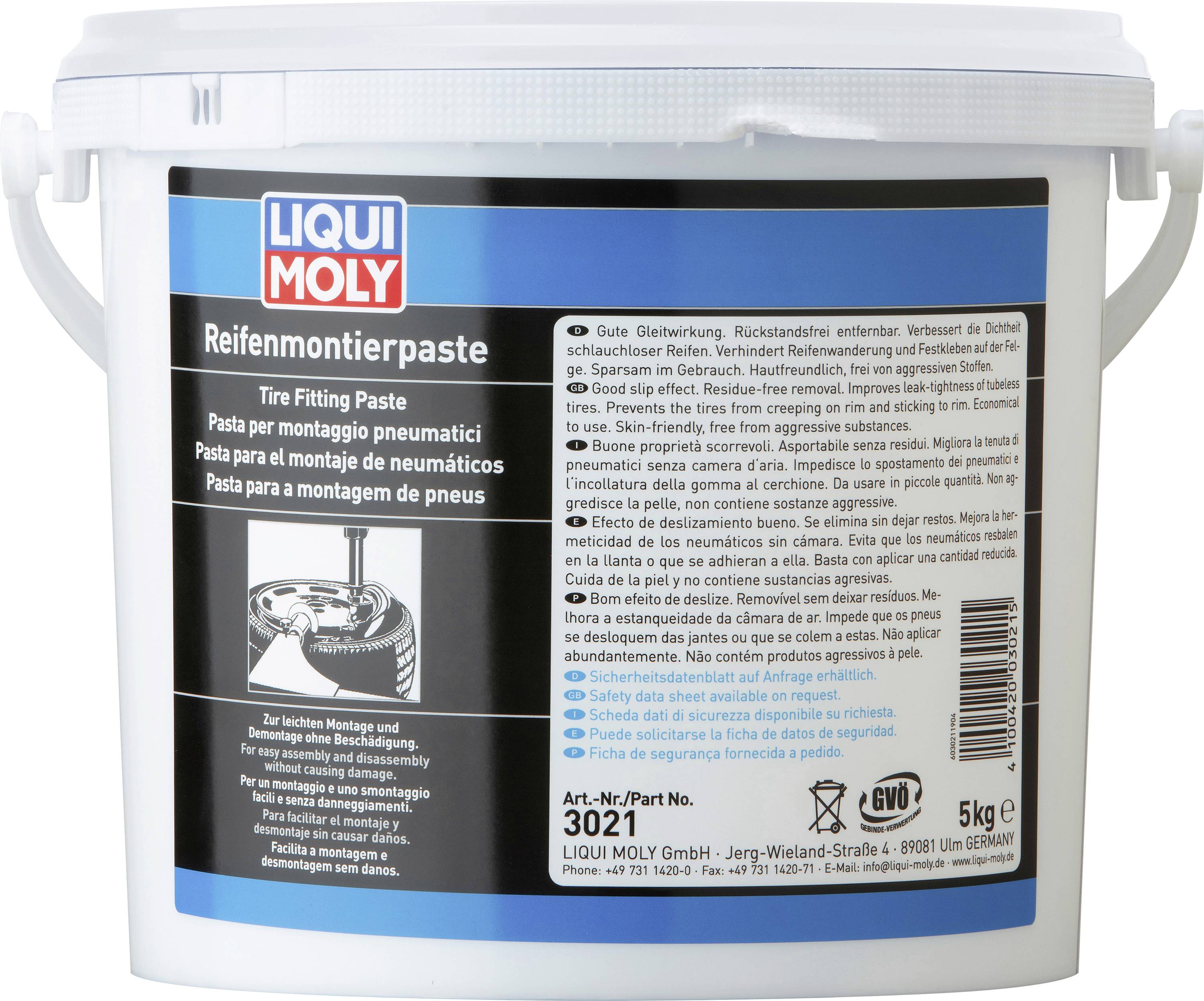 Eimer mit 'Liqui Moly Reifenmontierpaste', 5 kg, für die Montage von Reifen. Enthält Anwendungshinweise und Produktinformationen.