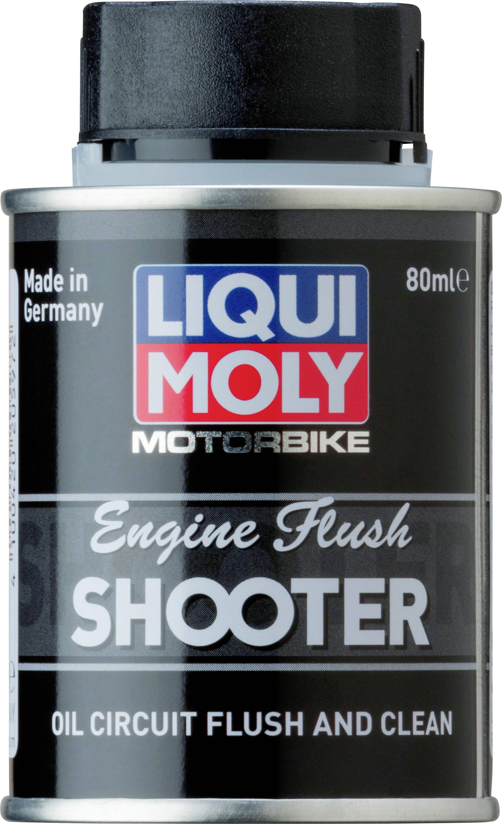 Eine Dose 'LIQUI MOLY Motorbike Engine Flush Shooter' mit 80 ml Inhalt. Text: 'Oil Circuit Flush and Clean', hergestellt in Deutschland.