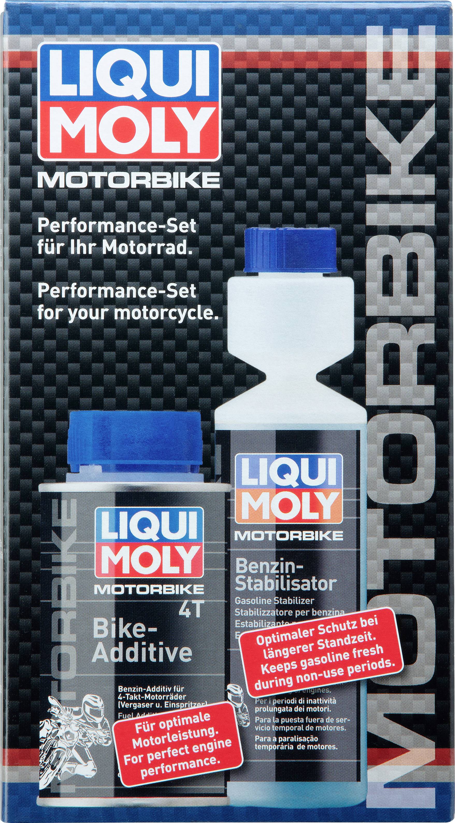 'LIQUI MOLY MOTORBIKE Performance-Set' bestehend aus 'Bike-Additive' und 'Benzin-Stabilisator' für bessere Motorleistung und Langzeitschutz.