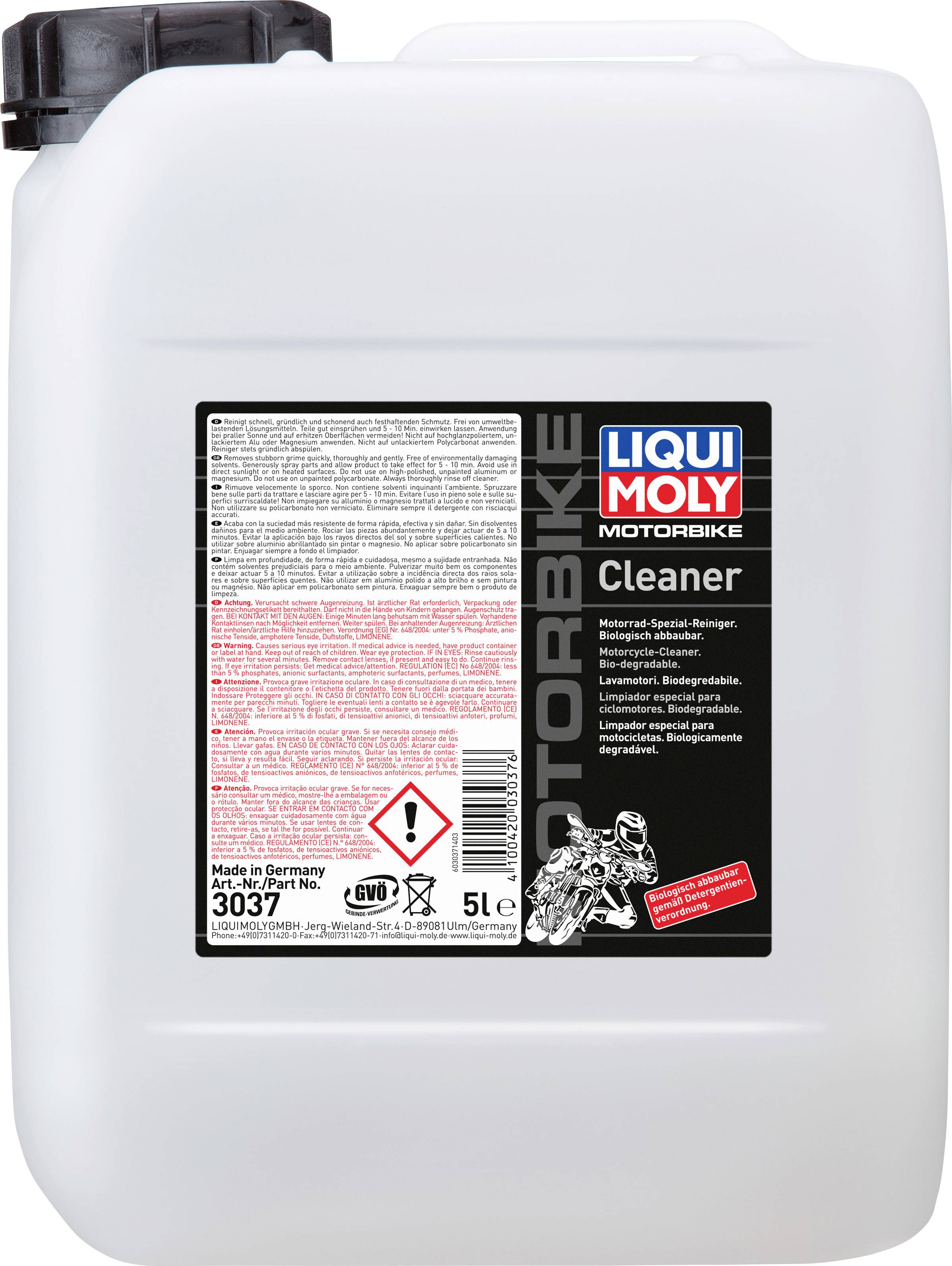 Behälter mit 5 Litern Flüssigkeit von 'Liqui Moly Motorbike Cleaner', geeignet für Motorradreinigung mit Sicherheits- und Verwendungshinweisen auf dem Etikett.