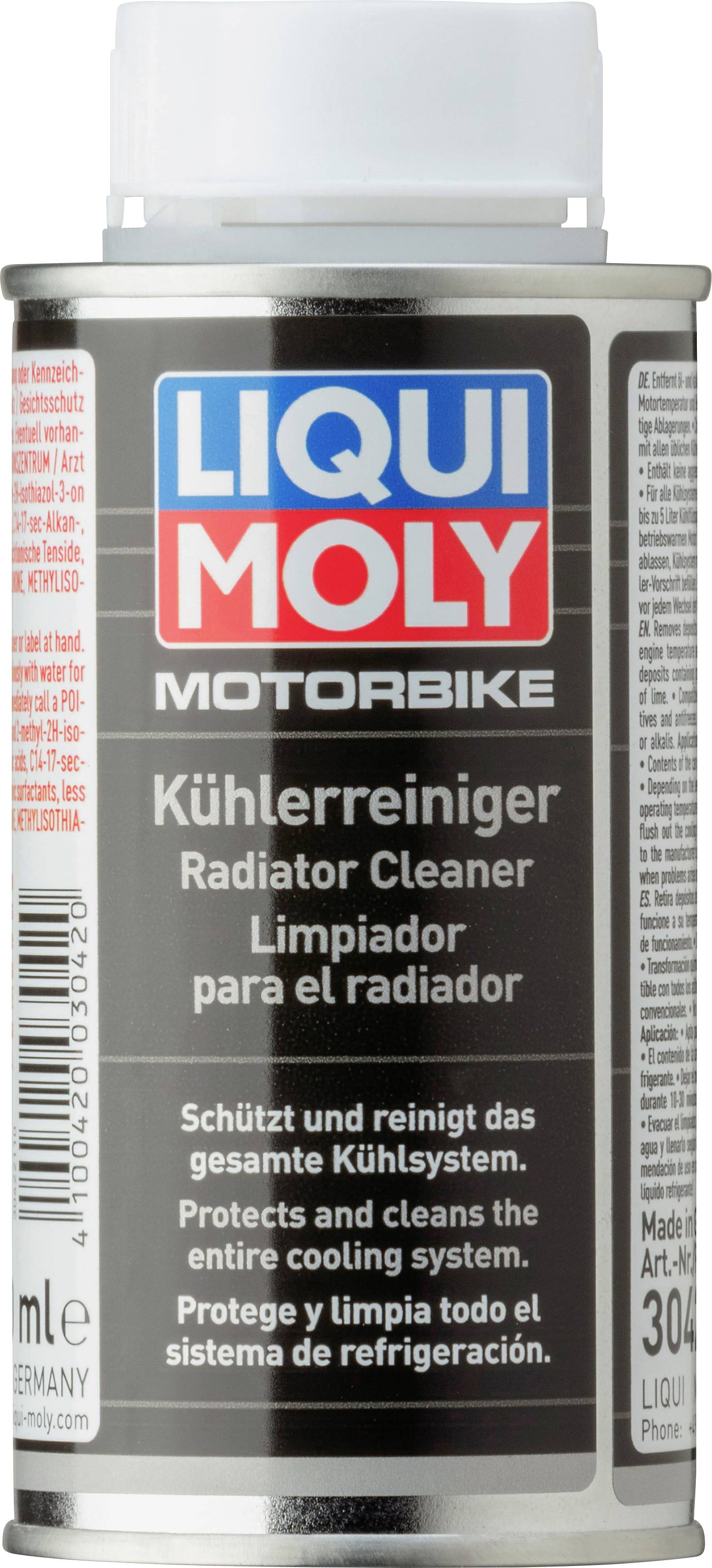 Dose mit 'Liqui Moly Motorbike Kühlerreiniger', in mehreren Sprachen beschriftet. Reinigt und schützt das Kühlsystem.