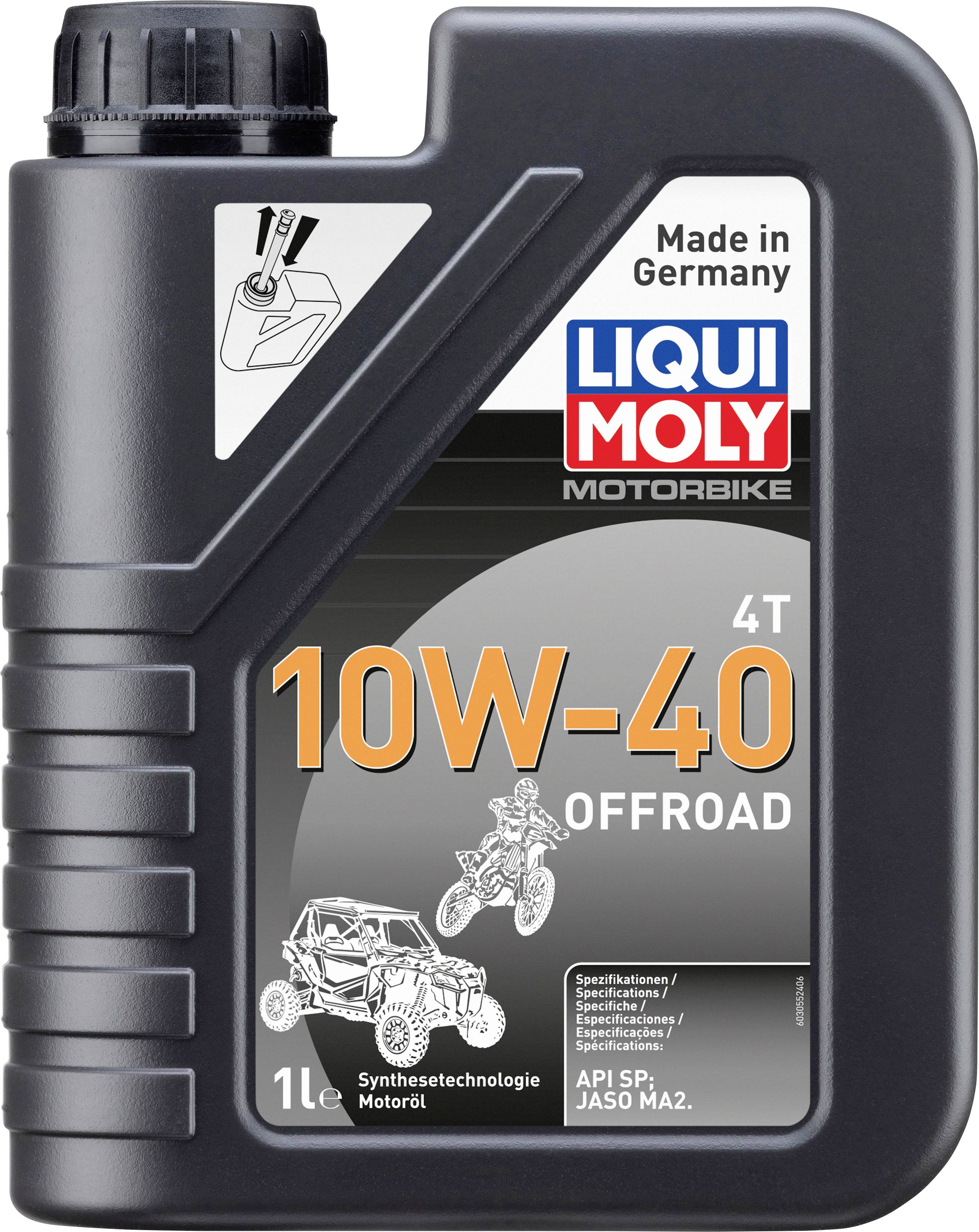 Behälter mit 'LIQUI MOLY 10W-40 Offroad'-Motoröl für Motorräder. Etikett zeigt Viskosität, Einsatzbereich 'Offroad', und Herkunft 'Made in Germany'.