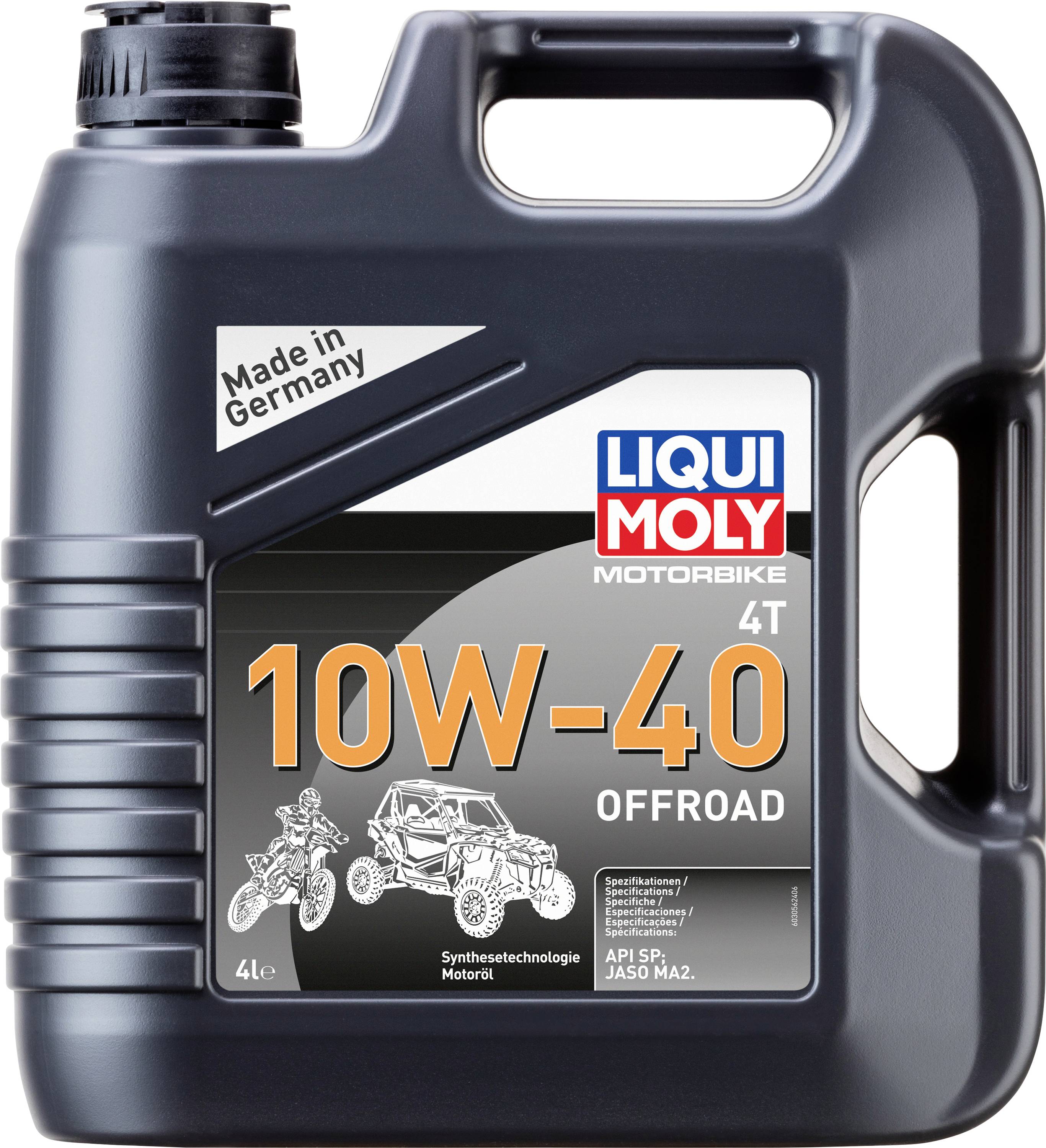 Kanister mit Motoröl von Liqui Moly für Motorräder, 10W-40 offroad, 4 Liter. Schwarzes Design, markiert 'Made in Germany'.