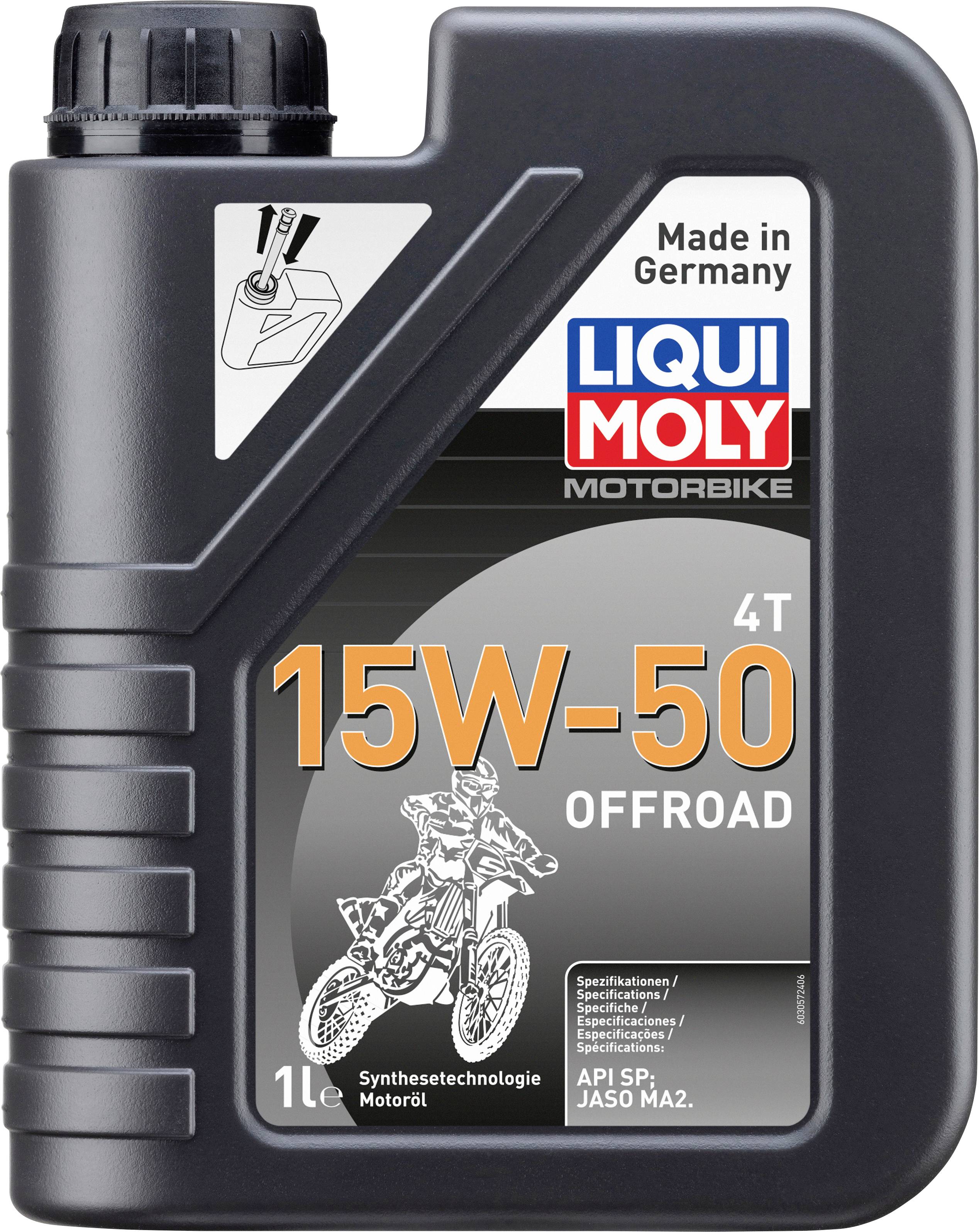 Ein schwarzer Kanister Motoröl von LIQUI MOLY. Aufschrift: '15W-50 OFFROAD', '1L', 'Made in Germany'. Zeichnung eines Motorrads.