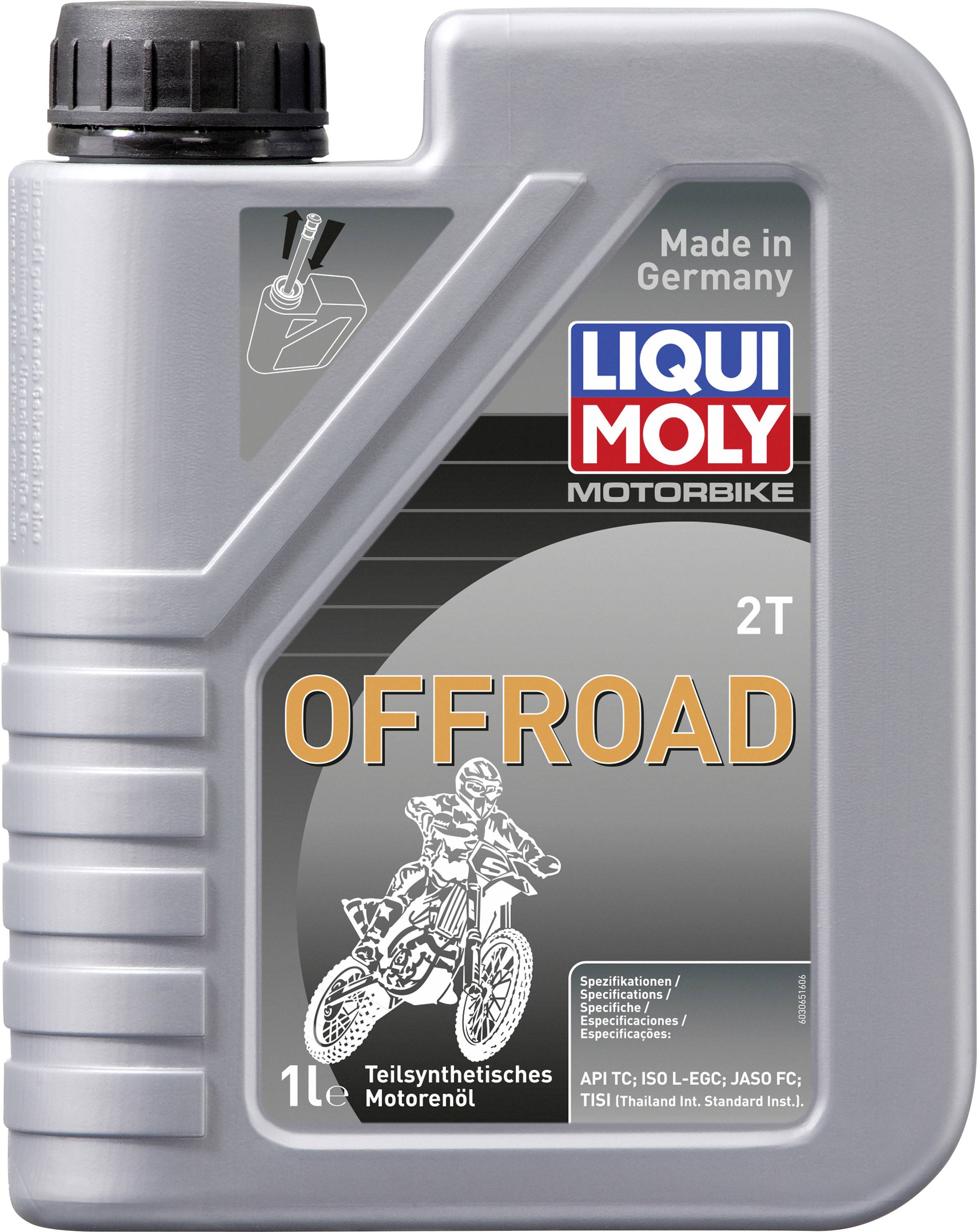 Behälter mit 1 Liter teilsynthetischem 2-Takt Offroad-Motorradöl von LIQUI MOLY, speziell für hohe Belastungen, hergestellt in Deutschland.