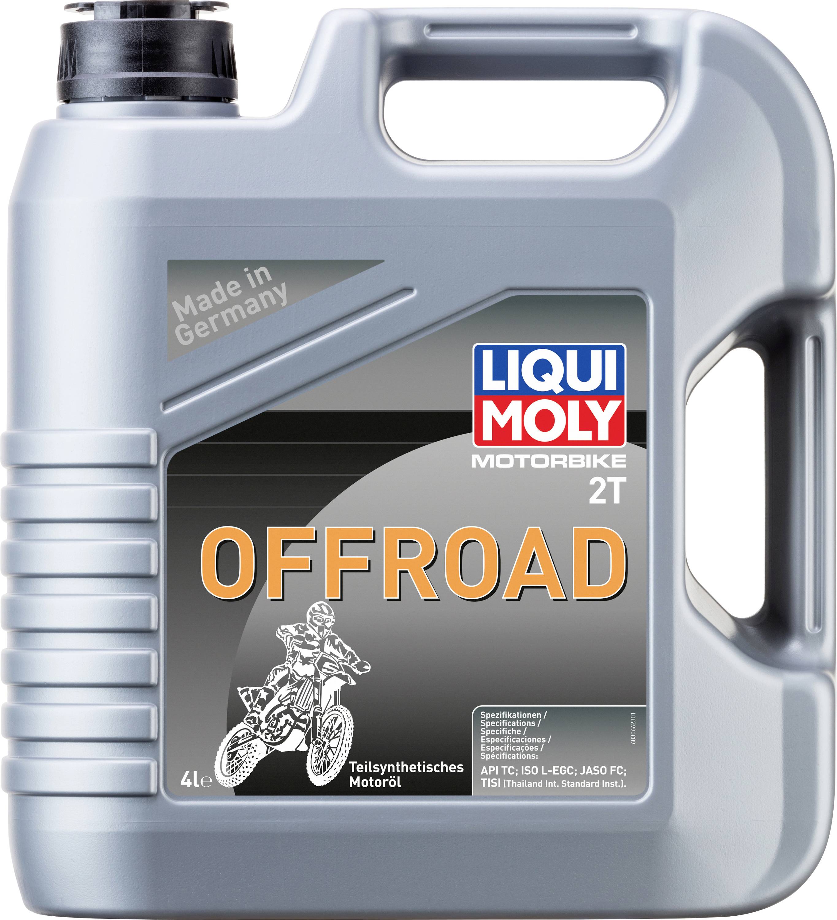 Kanister mit Motoröl 'LIQUI MOLY' für Motorräder, speziell für Offroad-Einsatz. Etikett zeigt Motorradfahrer und Spezifikationen.
