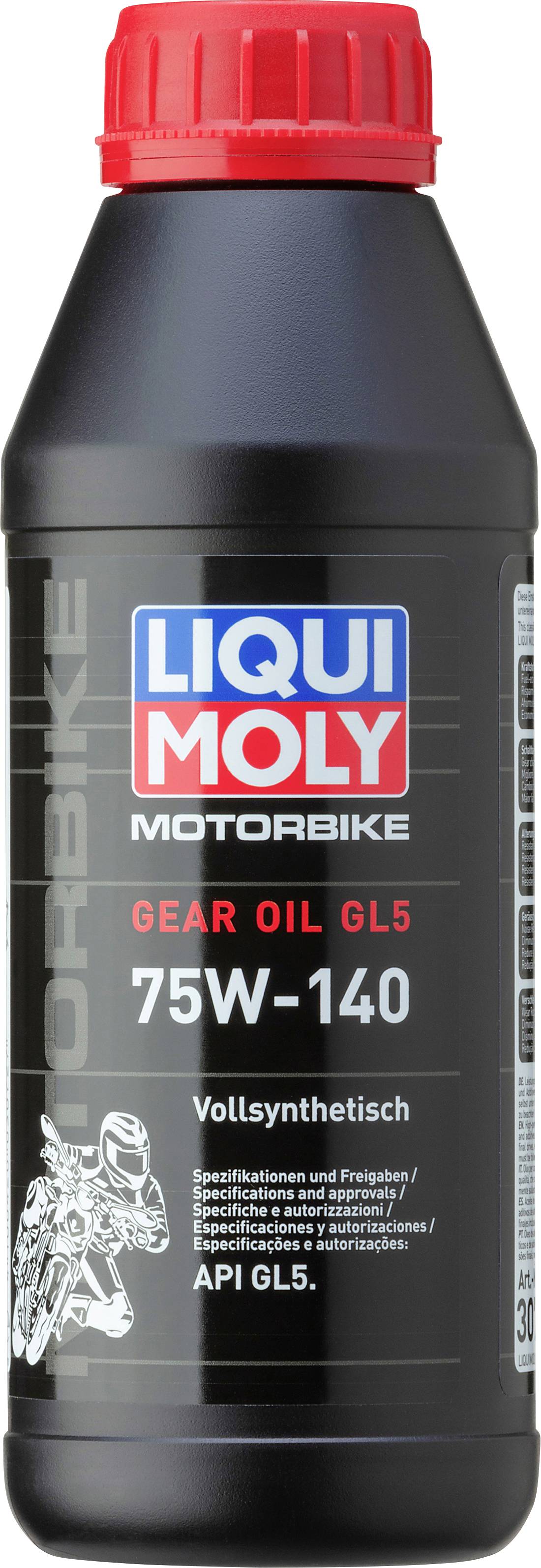 Motoröl-Flasche von Liqui Moly, beschriftet mit 'Gear Oil GL5 75W-140 Vollsynthetisch'. Roter Verschluss, schwarzer Behälter.