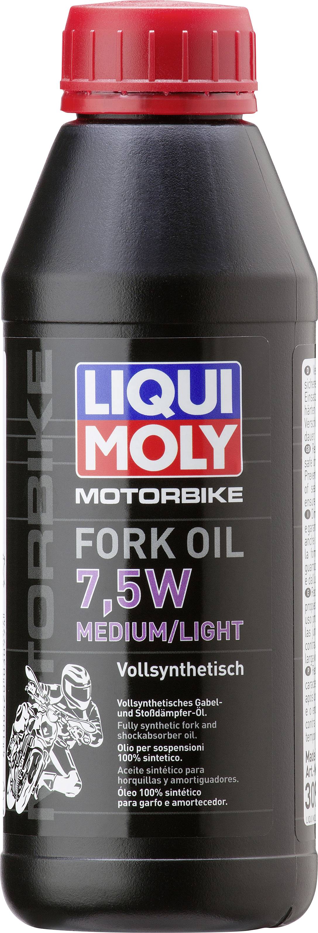 Flasche des Liqui Moly Motorbike Fork Oil 7,5W Medium/Light, vollsynthetisch. Verwendet für Motorradgabeldämpfung.