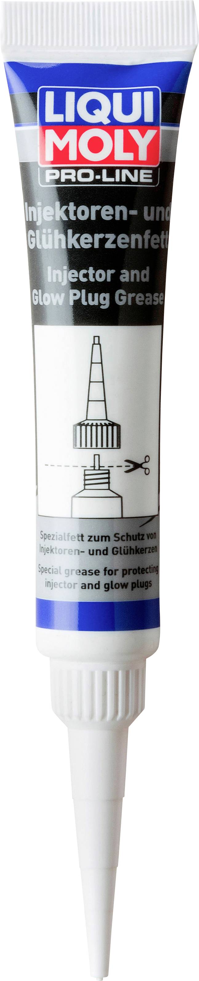 Eine Tube 'Liqui Moly Pro-Line Injektoren und Glühkerzenfett' mit weißer Verschlusskappe. Beschriftung auf Deutsch und Englisch.