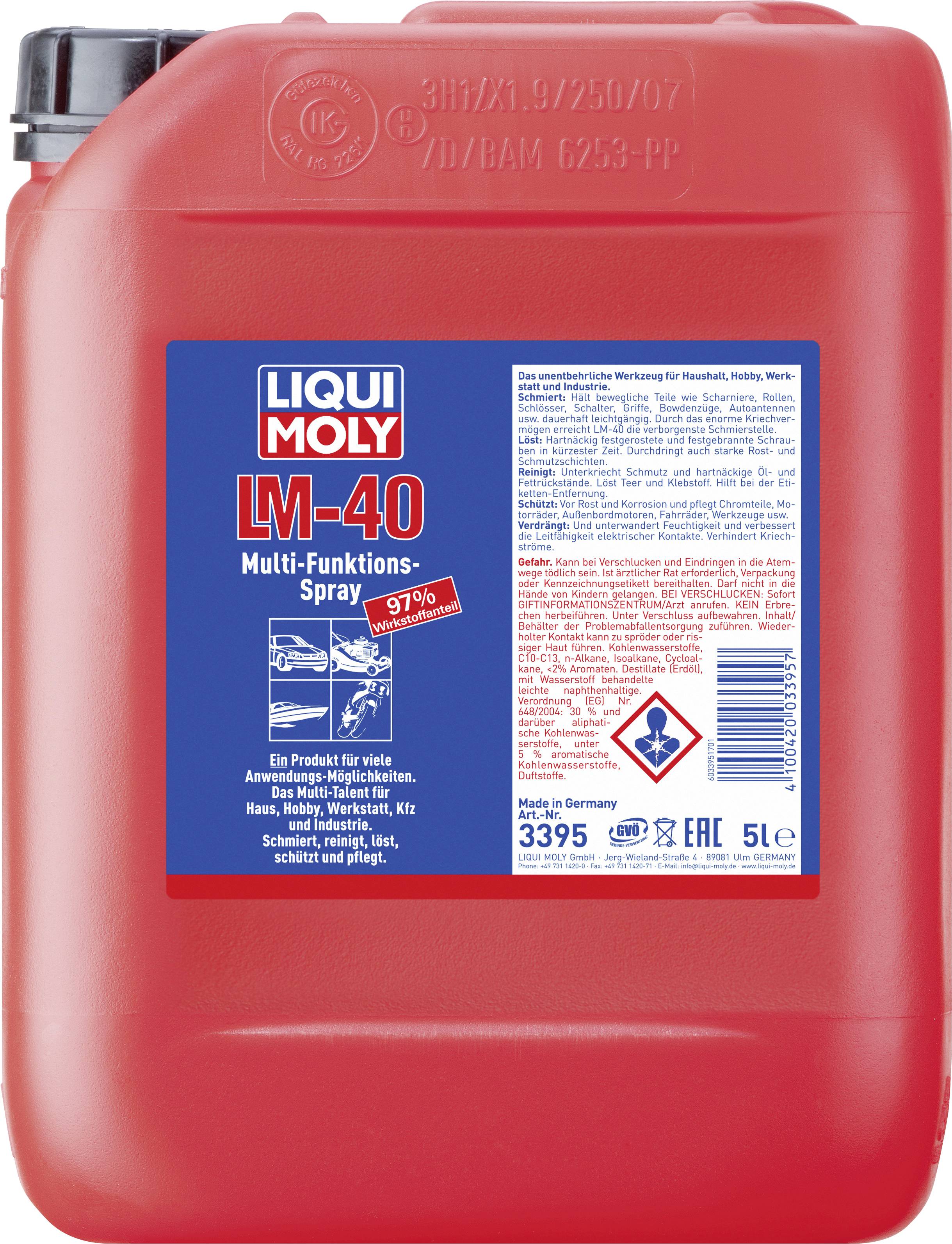 Roter Kanister mit 'Liqui Moly LM-40 Multi-Funktions-Spray' Etikett, 5 Liter Kapazität, enthält Warnhinweise und Barcode.