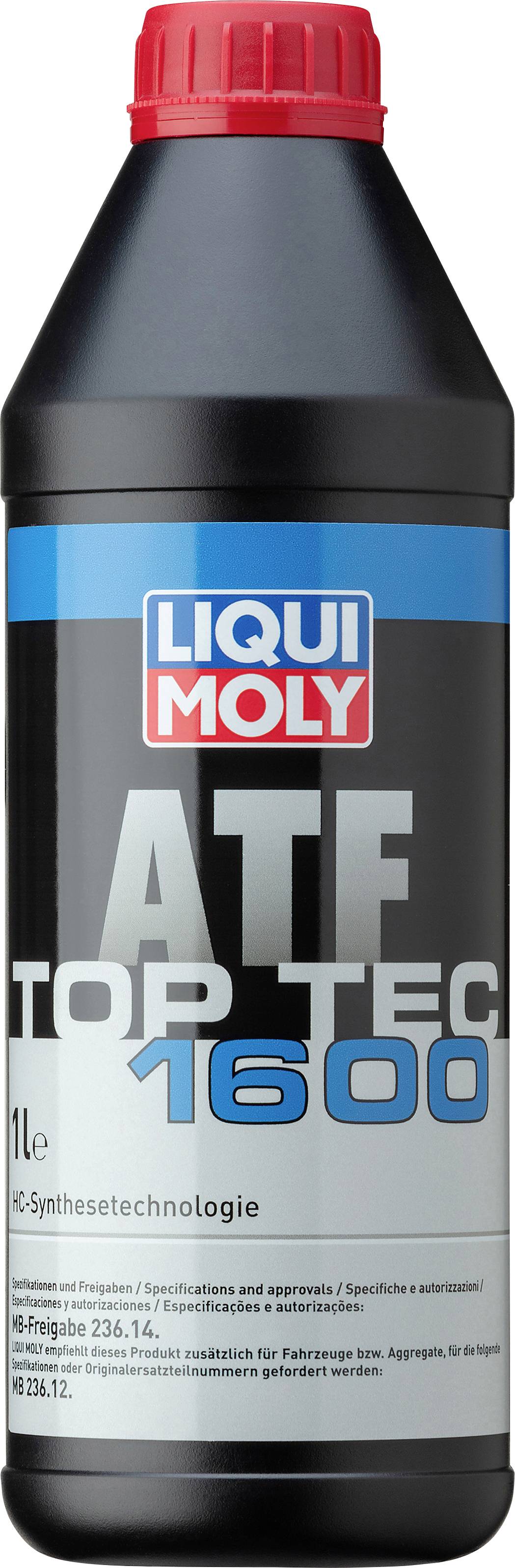 Plastikflasche mit rotem Deckel, darauf Etikett: 'LIQUI MOLY ATF Top Tec 1600', 1L. Geeignet für Automatikgetriebeöle.