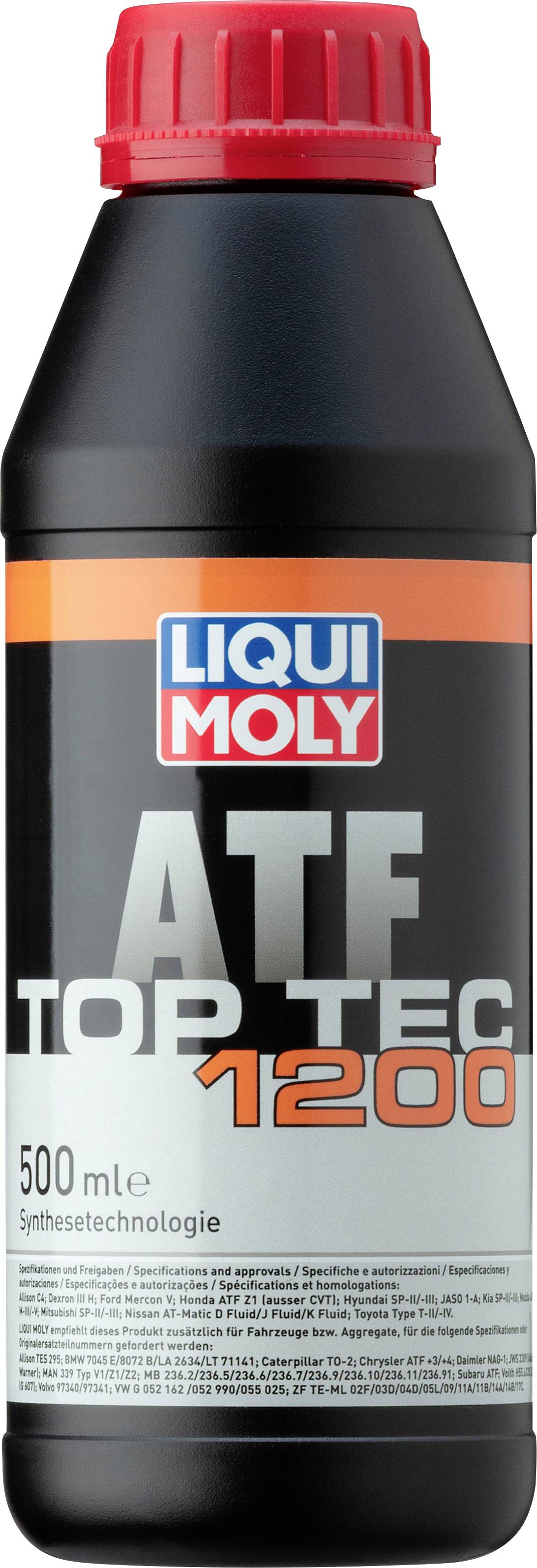 Flasche von Liqui Moly ATF Top Tec 1200 Getriebeöl, 500 ml, rote Kappe, Etikett mit Produktnamen und Spezifikationen.