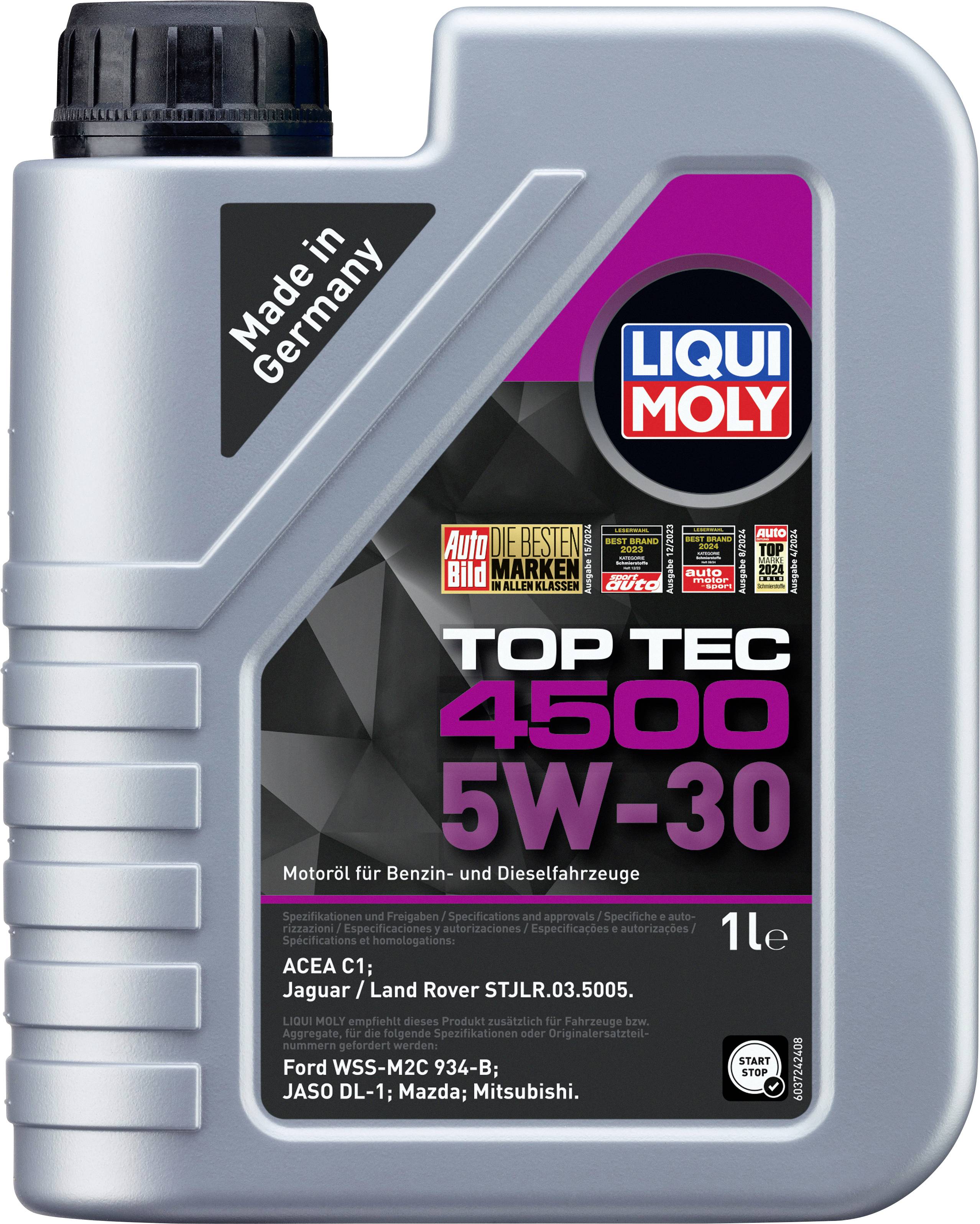 Ein Liter Motorölflasche mit der Aufschrift 'Liqui Moly Top Tec 4500 5W-30'. Für Benzin- und Dieselfahrzeuge, Made in Germany.