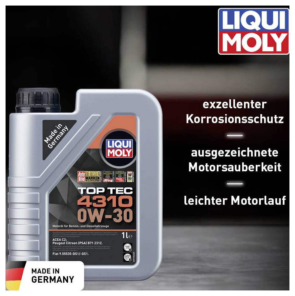 Eine graue Flasche 'LIQUI MOLY Top Tec 4310 0W-30' Motoröl. Text: 'exzellenter Korrosionsschutz, ausgezeichnete Motorsauberkeit, leichter Motorlauf'. Made in Germany.