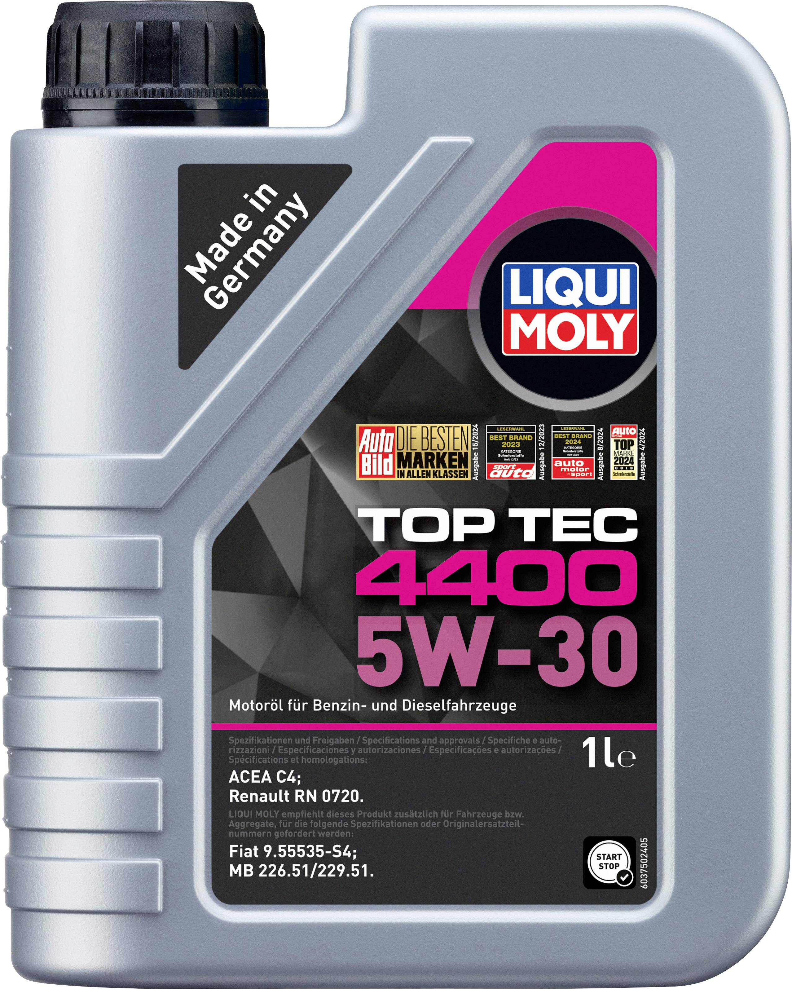 Liqui Moly Top Tec 4400 5W-30 Motoröl, 1 Liter, geeignet für Benzin- und Dieselfahrzeuge, hergestellt in Deutschland.