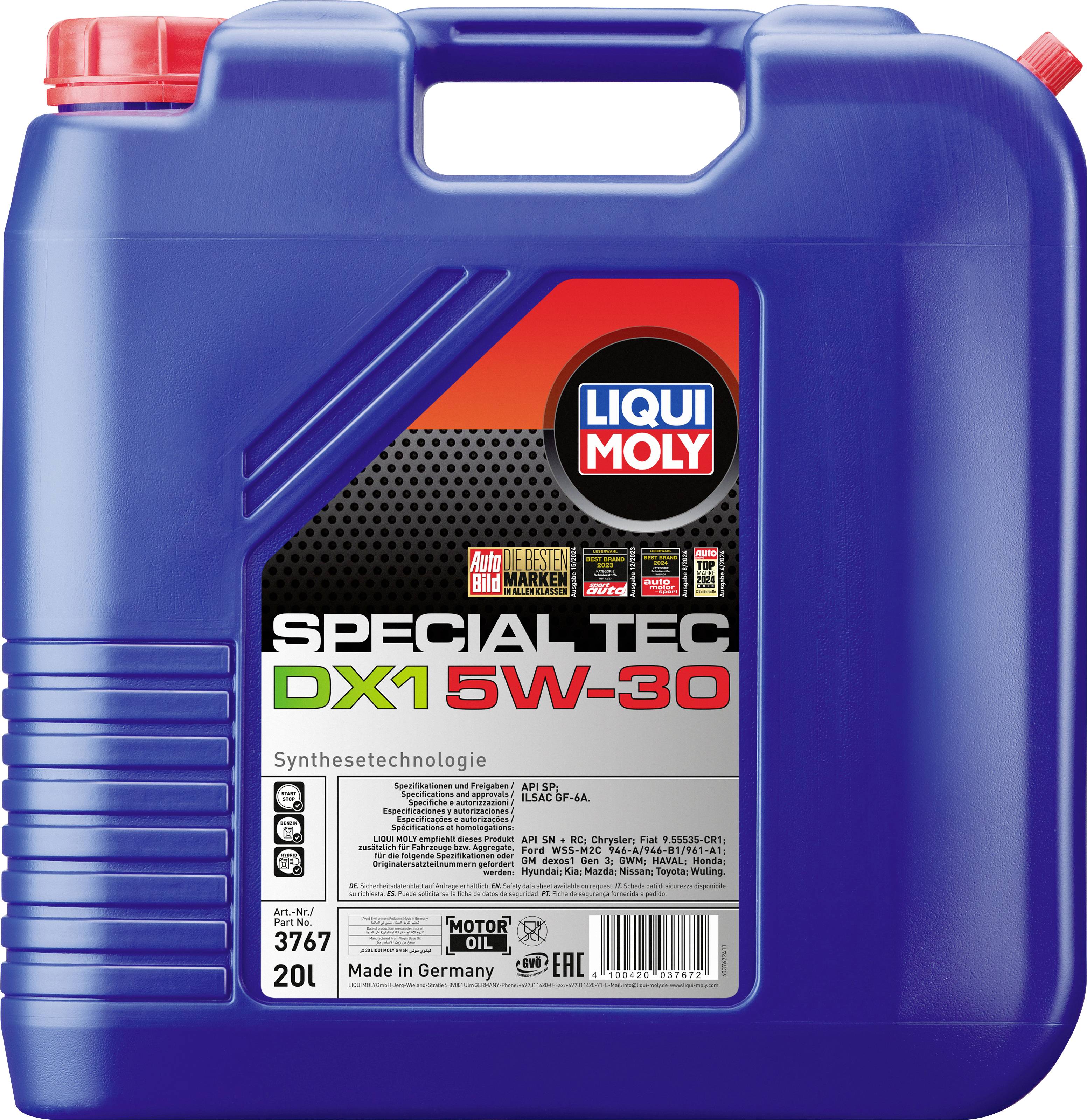 Blauer 20-Liter-Kanister mit 'Liqui Moly Special Tec DX1 5W-30' Motoröl. Geeignet für moderne Motorentechnologie. Hergestellt in Deutschland.