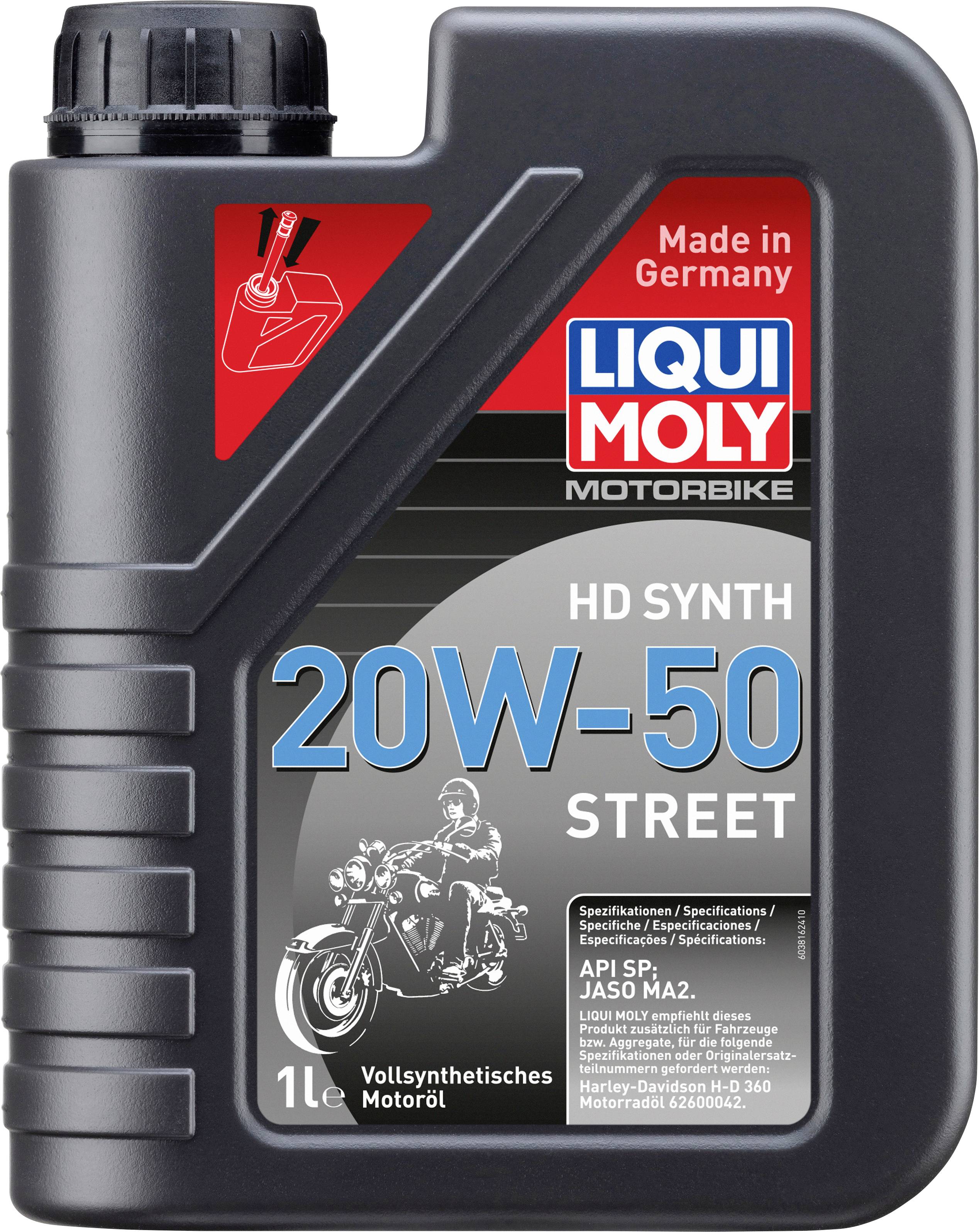 'LIQUI MOLY Motorbike HD Synth 20W-50 Street' Motoröl in schwarzer 1-Liter-Flasche, geeignet für Harley Davidson. 'Made in Germany' Text oben.