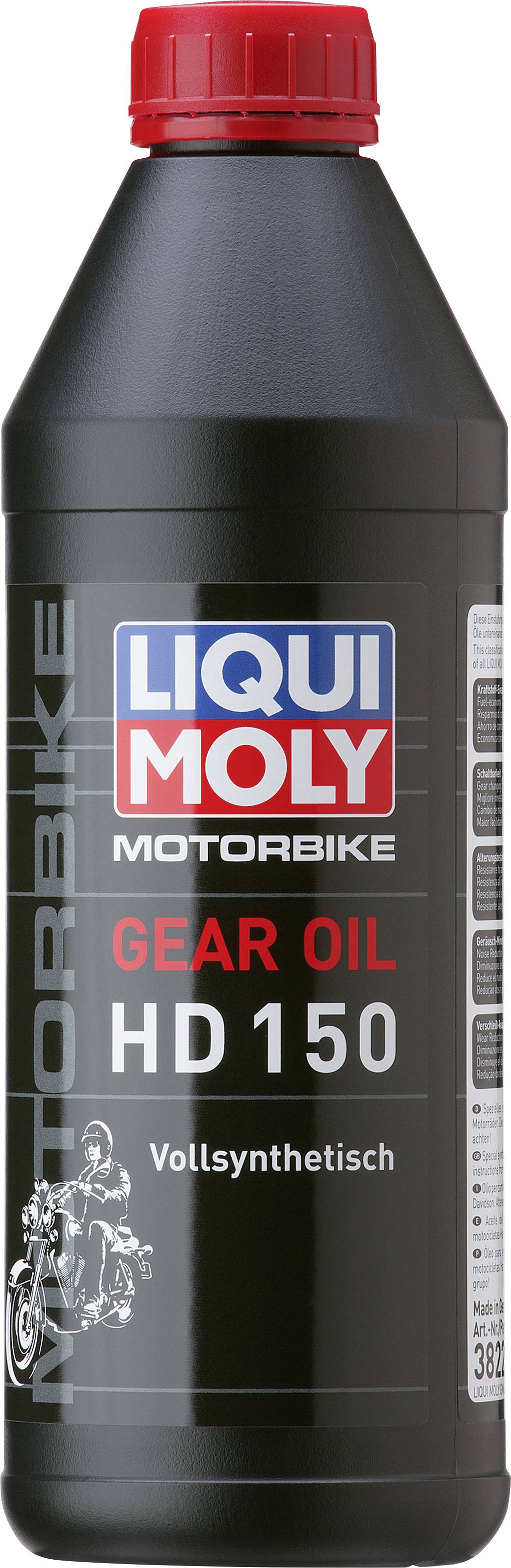 Eine schwarze Flasche 'Liqui Moly Motorbike Gear Oil HD150', vollsynthetisches Getriebeöl für Motorräder.