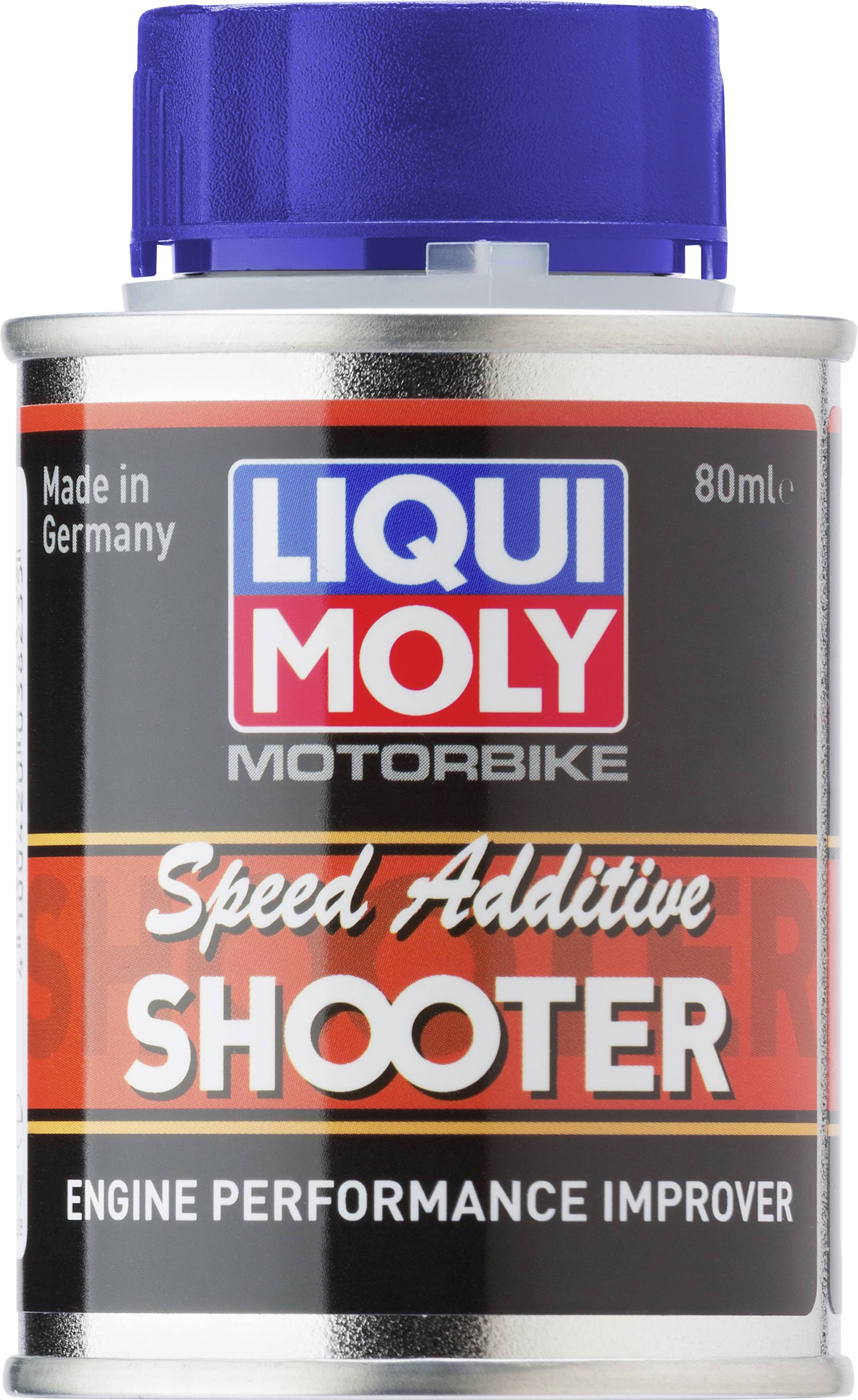 Eine Dose Liqui Moly Motorbike Speed Additive Shooter, 80 ml, zur Leistungssteigerung von Motorradmotoren, mit blauem Deckel.