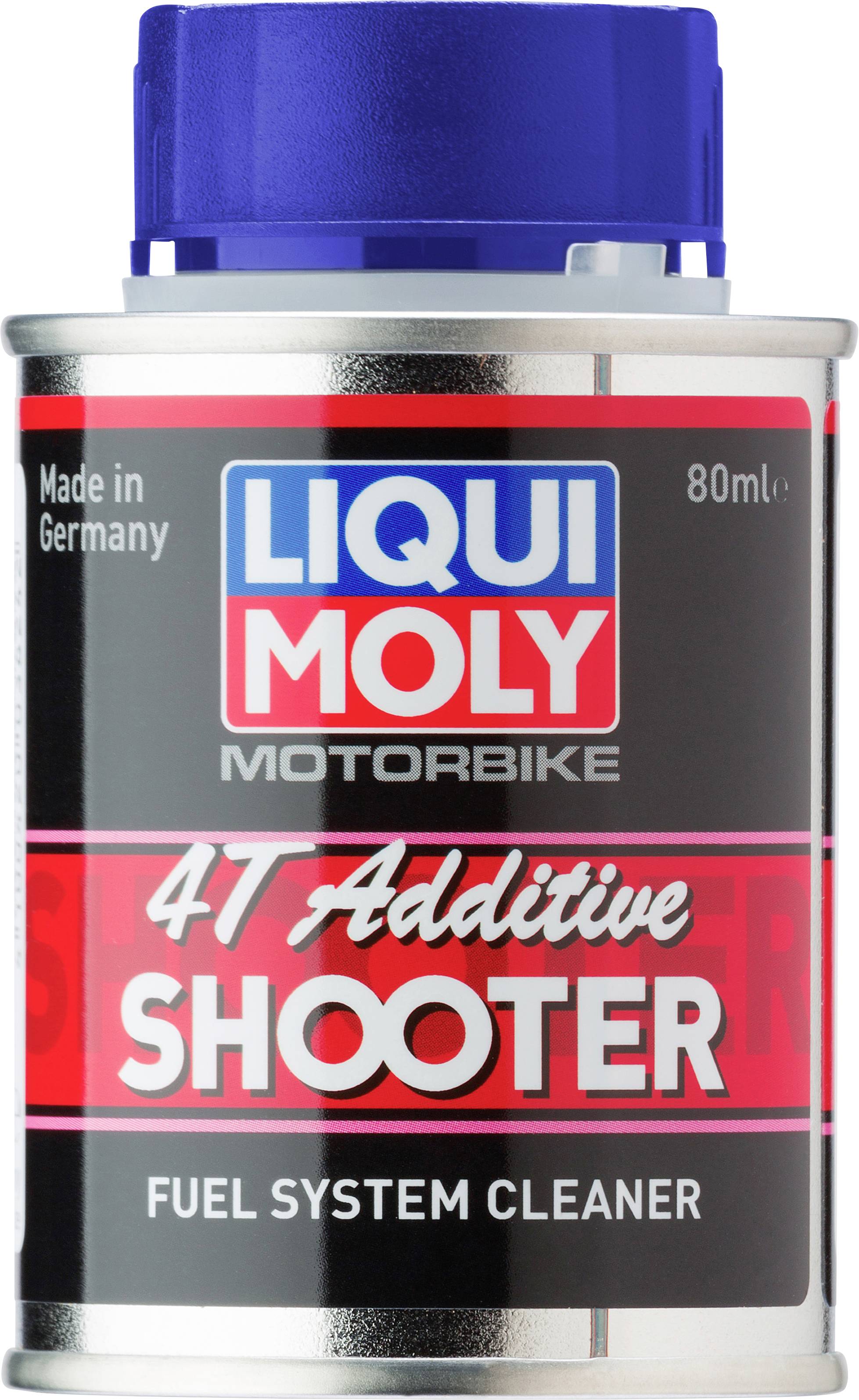 'Liqui Moly Motorbike 4T Additive Shooter' Kraftstoffsystemreiniger, silberne Dose mit blauem Deckel, 80 ml, hergestellt in Deutschland.