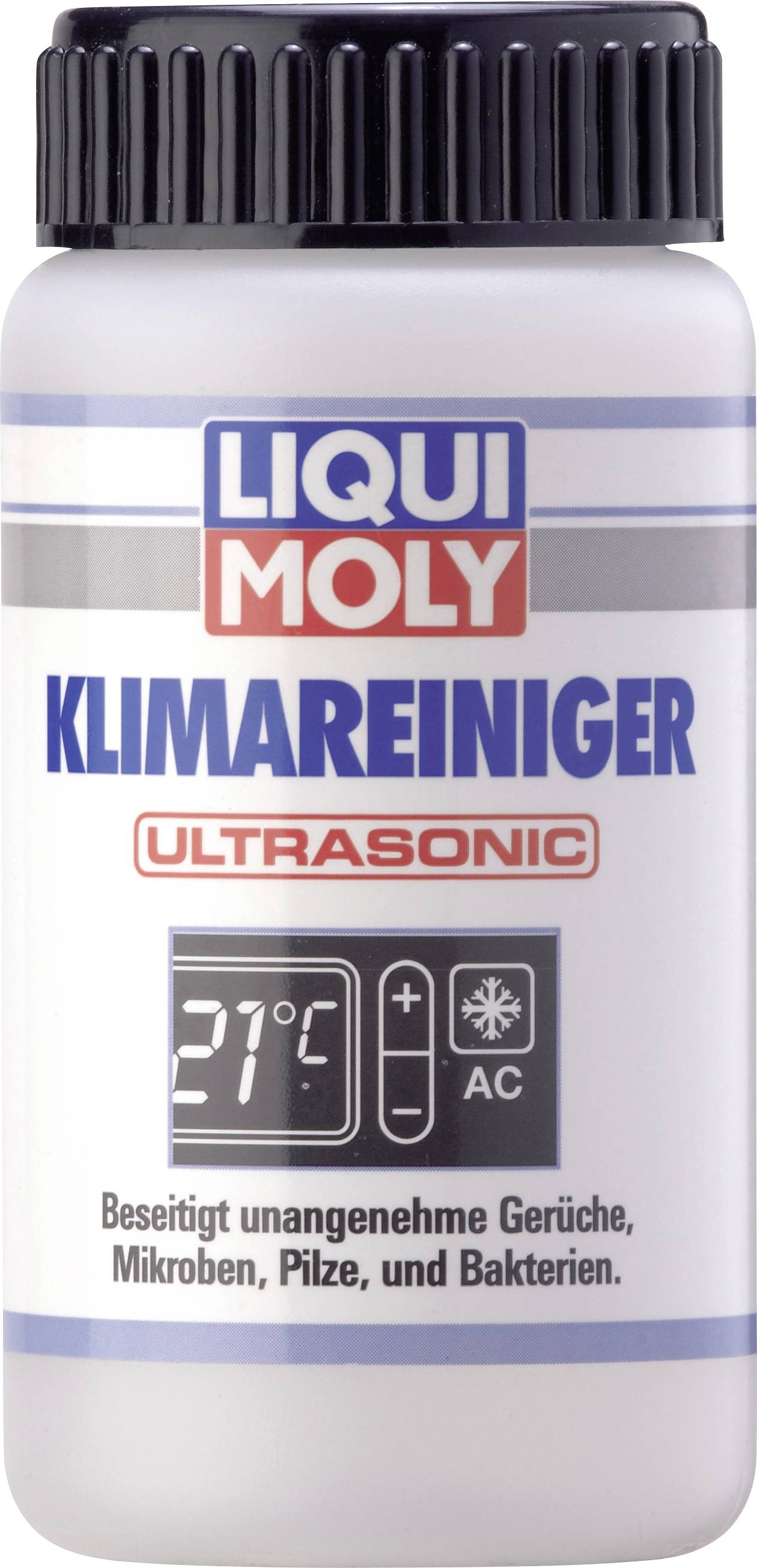 Eine Flasche 'LIQUI MOLY KLIMAREINIGER ULTRASONIC'; entfernt unangenehme Gerüche, Mikroben, Pilze und Bakterien.