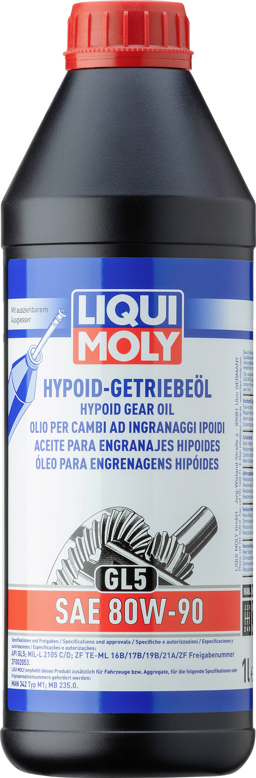 Eine Flasche 'Liqui Moly Hypoid-Getriebeöl GL5 SAE 80W-90', geeignet für Automatikgetriebe, 1 Liter Inhalt.