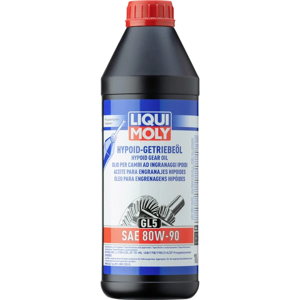 Eine Flasche 'Liqui Moly Hypoid-Getriebeöl GL5 SAE 80W-90', geeignet für Automatikgetriebe, 1 Liter Inhalt.