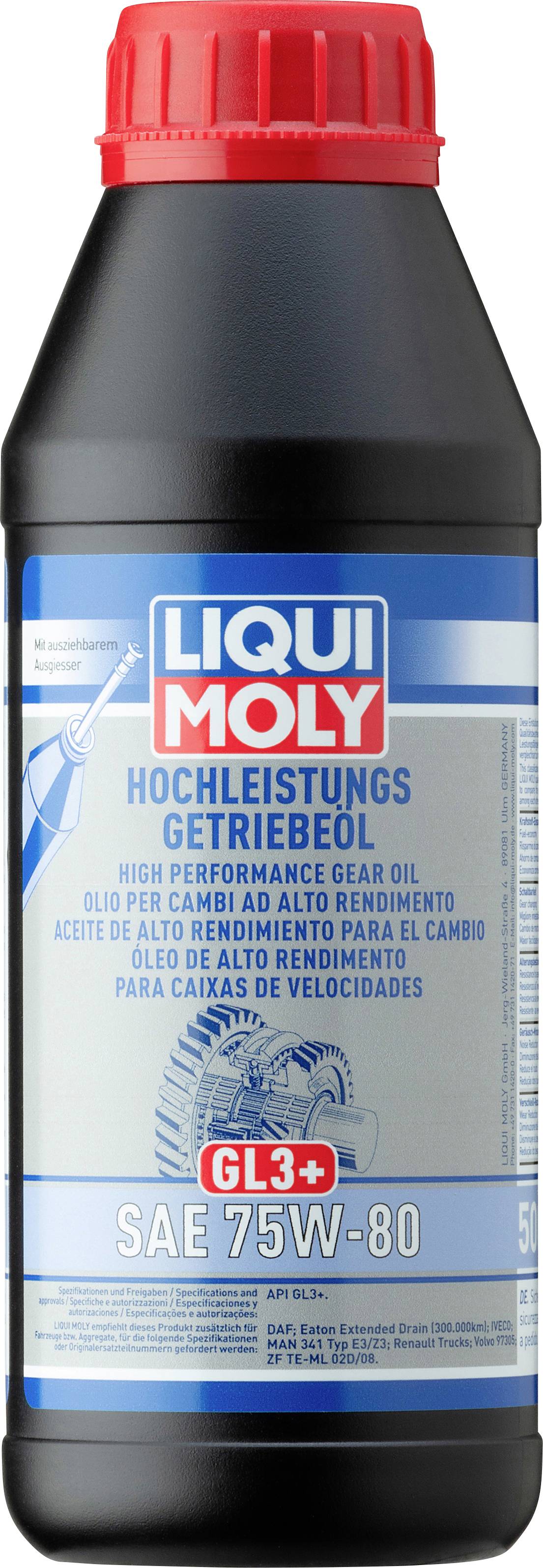'LIQUI MOLY Hochleistungs-Getriebeöl, GL3+, SAE 75W-80, 500 ml Flasche' mit rotem Verschluss für Fahrzeuggetriebe.