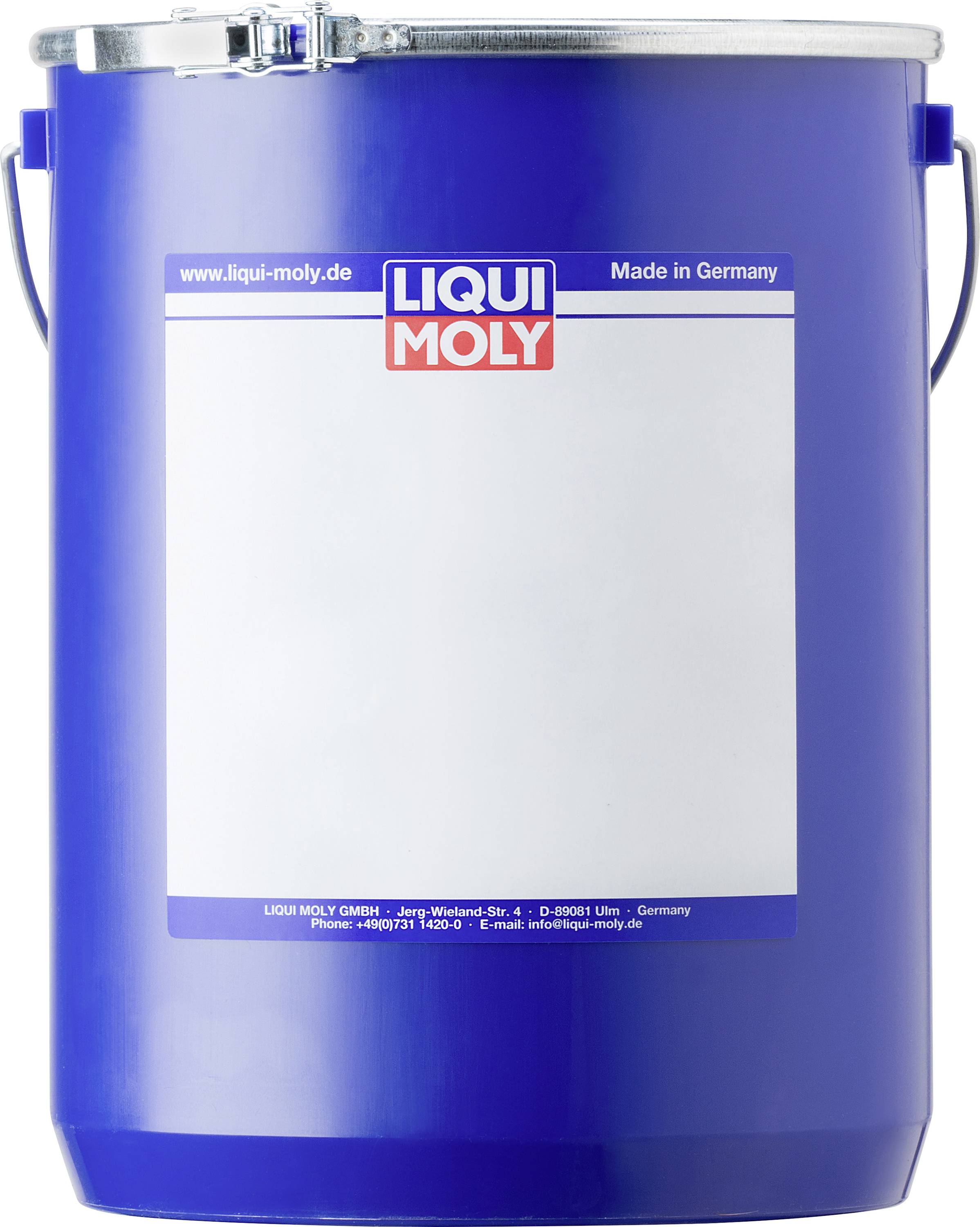 Blauer Eimer mit 'LIQUI MOLY' Logo, deutsche Herstellungsangabe und Kontaktinformationen unten.