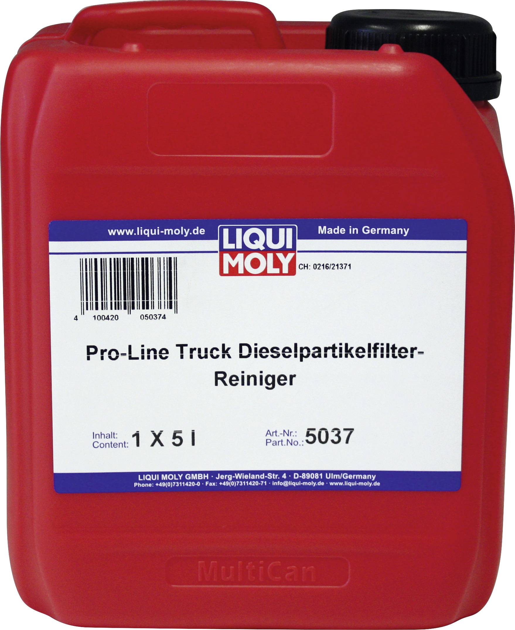 Roter Kanister mit der Aufschrift 'Pro-Line Truck Dieselpartikelfilter-Reiniger'. Marke: Liqui Moly. Inhalt: 5 Liter. Made in Germany.