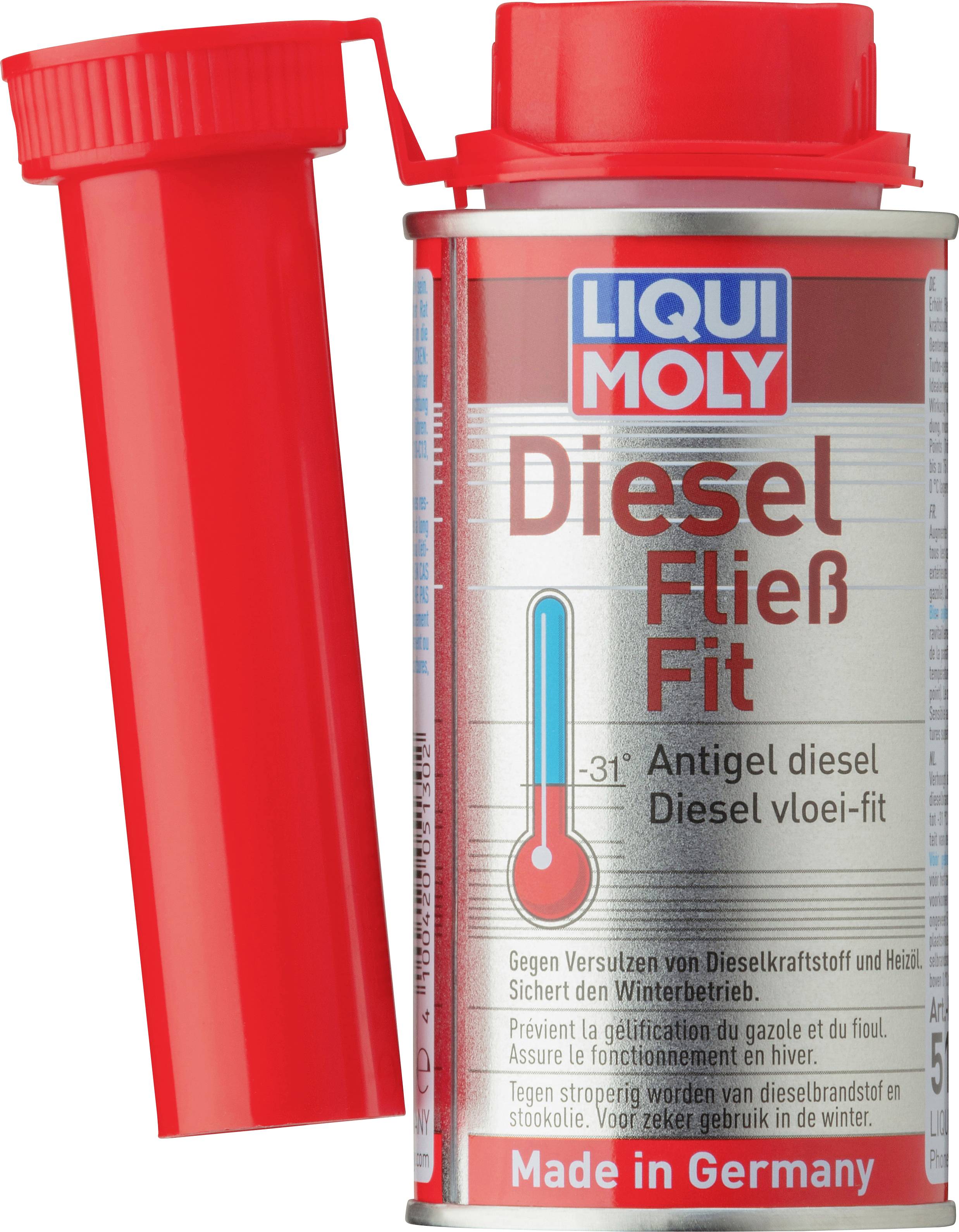 'Diesel Fliess-Fit' von LIQUI MOLY, ein Additiv zur Verbesserung der Dieselleistung bei kaltem Wetter, rot-weiße Verpackung, hergestellt in Deutschland.